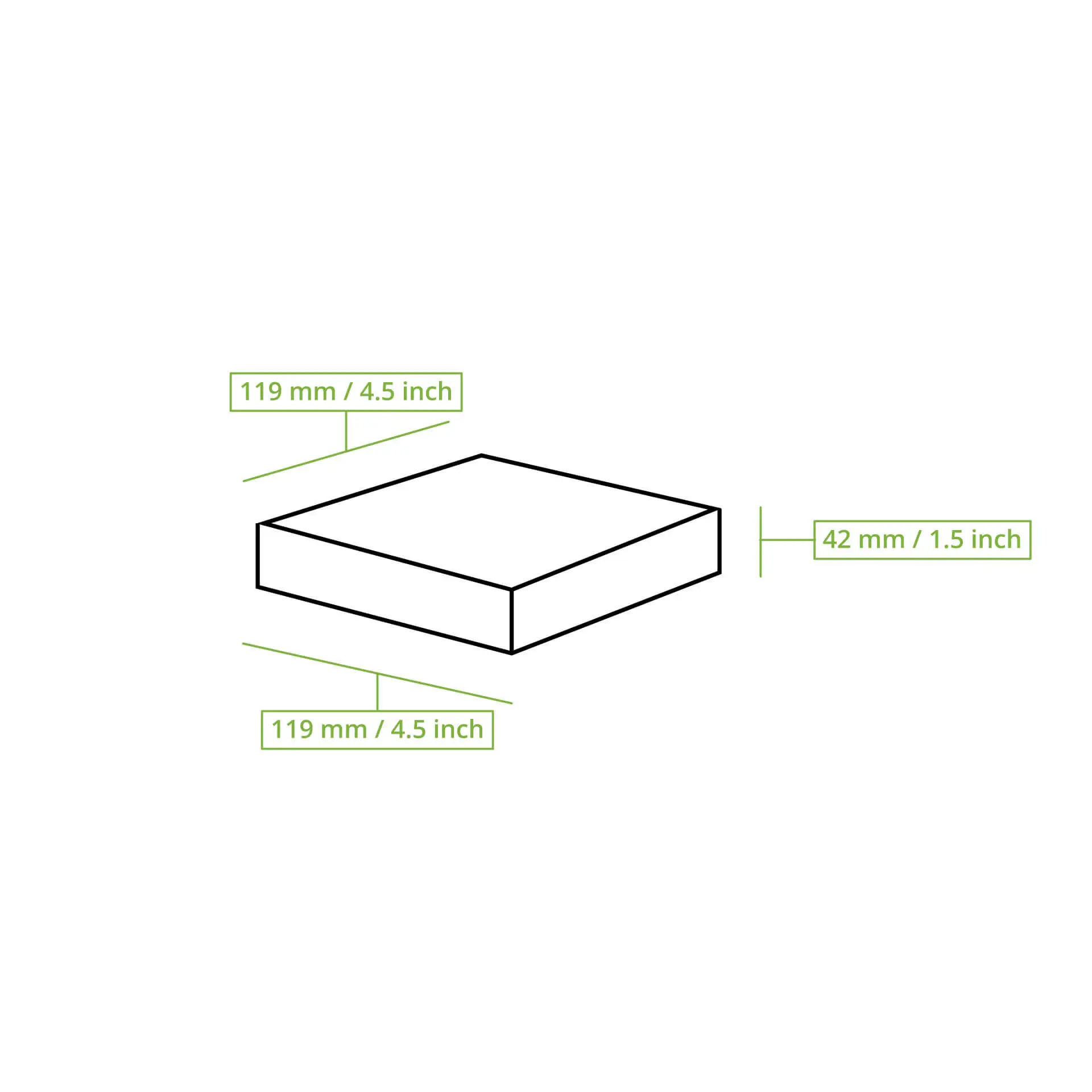 Schematische Zeichnung einer rechteckigen Box mit den Maßen: 120 mm Länge, 120 mm Breite und 43 mm Höhe.