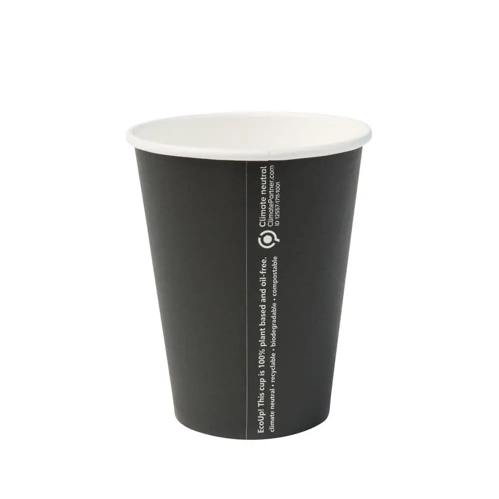 Gobelet en papier noir à paroi simple, 300 ml, revêtu de PLA pour boissons chaudes et froides, conçu pour un usage à emporter écologique.