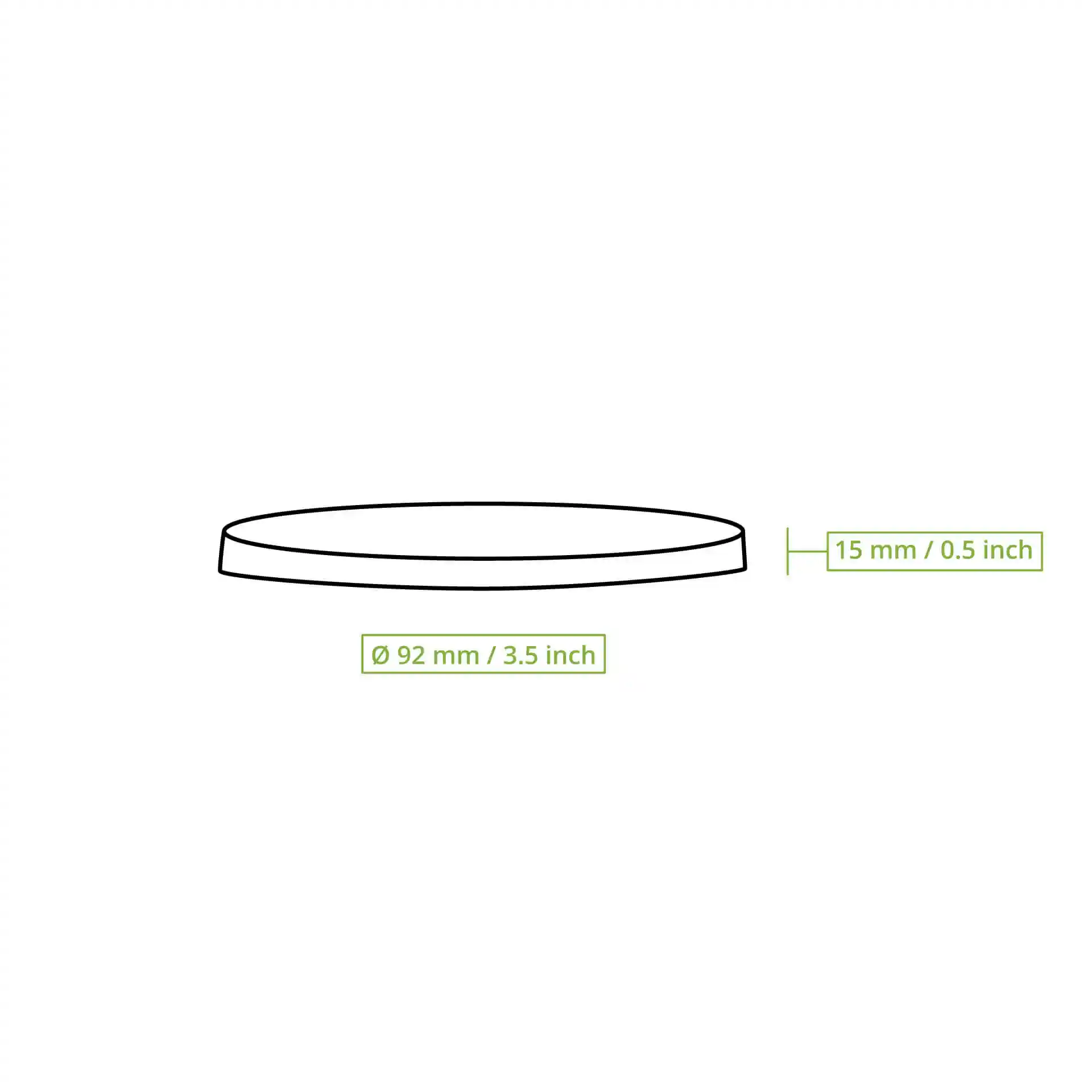 Dessin schématique d'un couvercle en carton rond avec un diamètre de 92 mm et une hauteur de 15 mm.