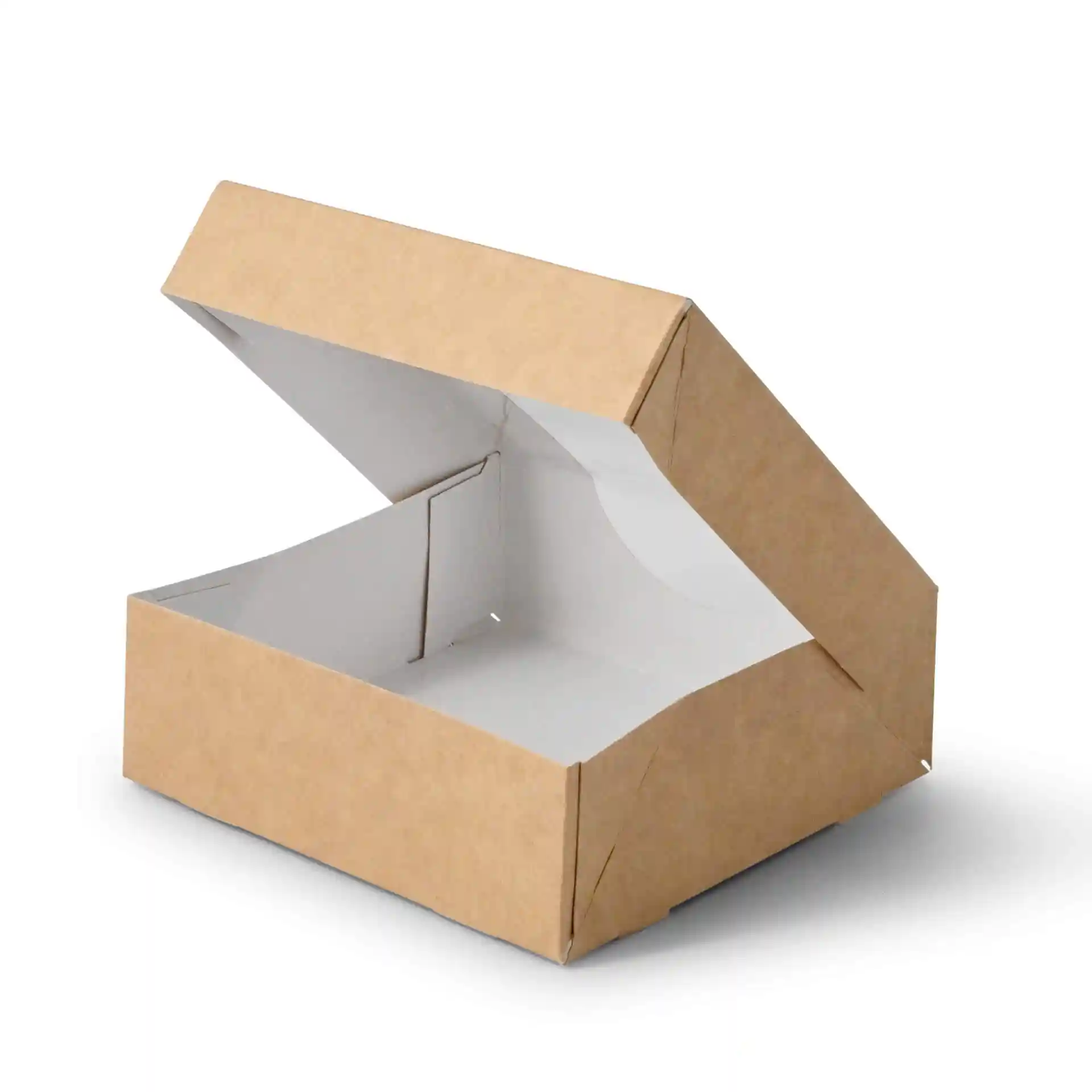 Boîte en carton brun avec fenêtre, intérieur blanc, forme rectangulaire, couvercle ouvert, mesurant 12 x 12 x 4 cm.