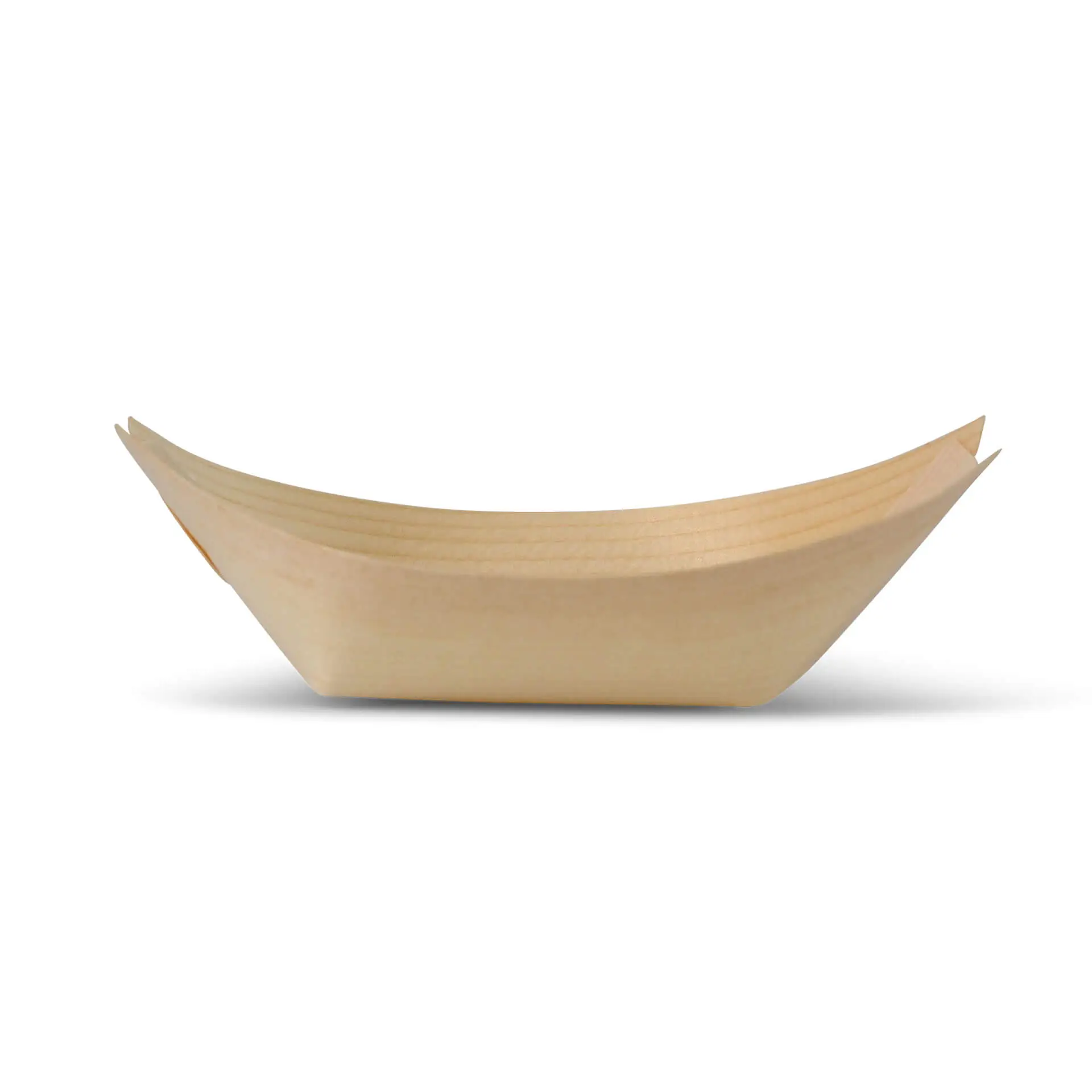 Holzboot-förmiger Behälter, 11 cm lang, aus braunem Holz, mit glatter Oberfläche und ohne Beschichtung.