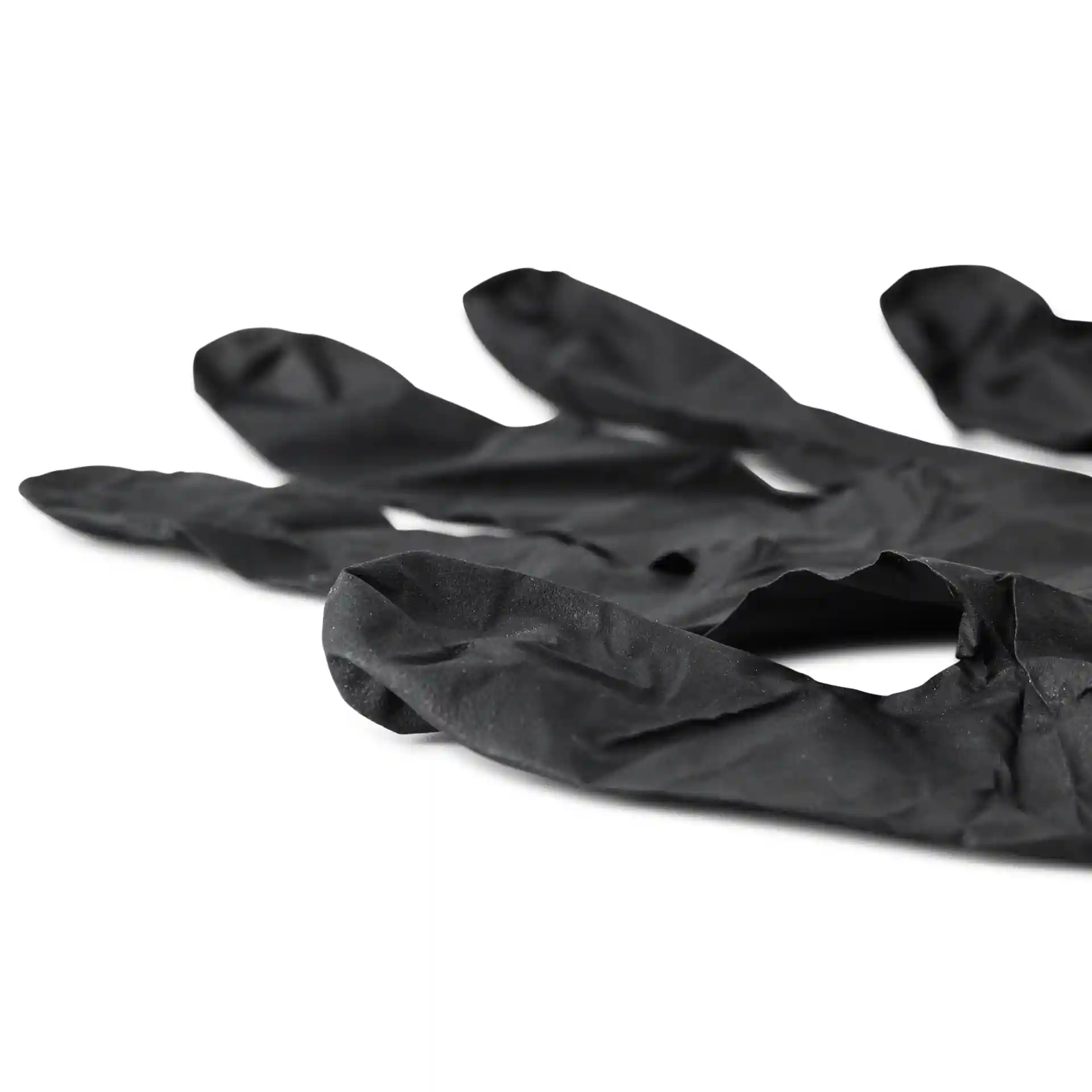 Gants en nitrile noirs posés à plat, montrant les doigts et la paume, taille L, sans poudre.