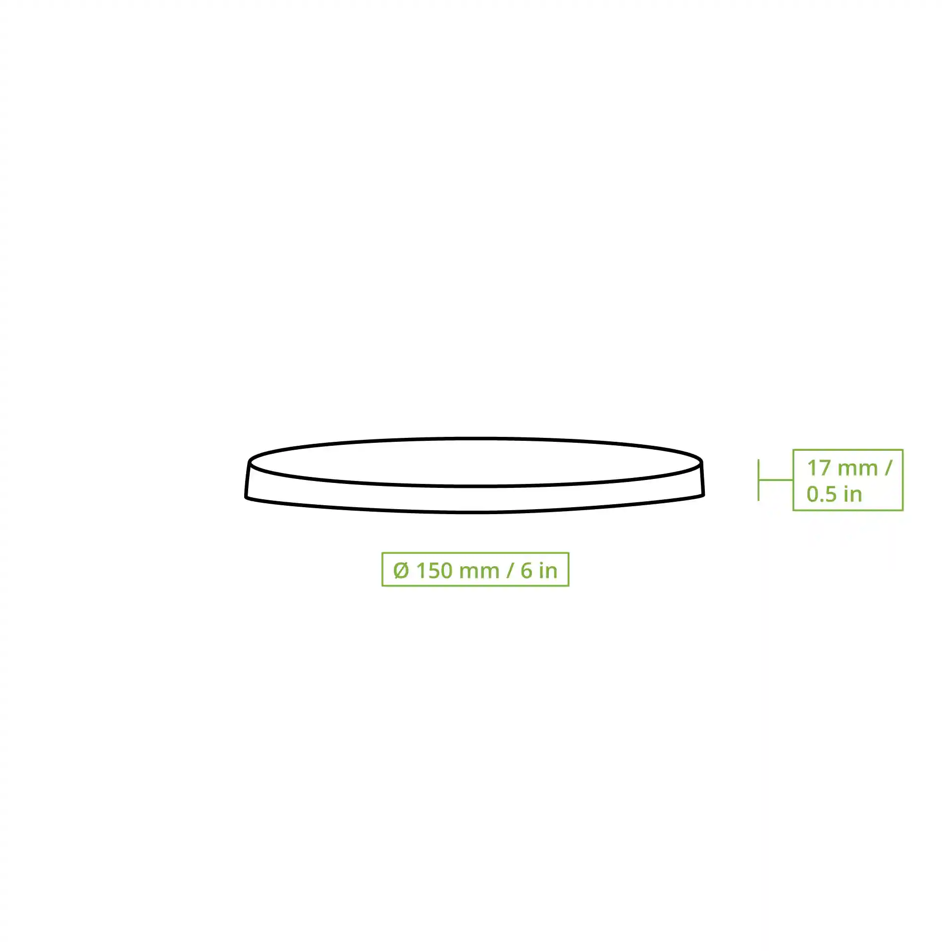 Disegno schematico di un coperchio rotondo in cartone con dimensioni, diametro di 150 mm e altezza di 17 mm.