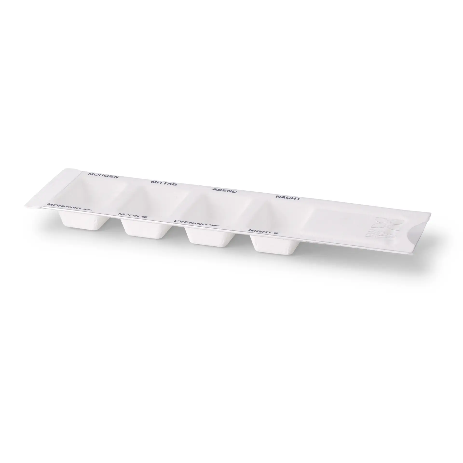 Distributeur de médicaments en fibres végétales 6 x 22 x 1 cm, 4 compartiments, couvercle coulissant en rPET dhy05070-medikamenten-dispenser-aus-pflanzenfasern-6-x-22-x-1-cm-4-kammern-rpet-schiebedeckel-1