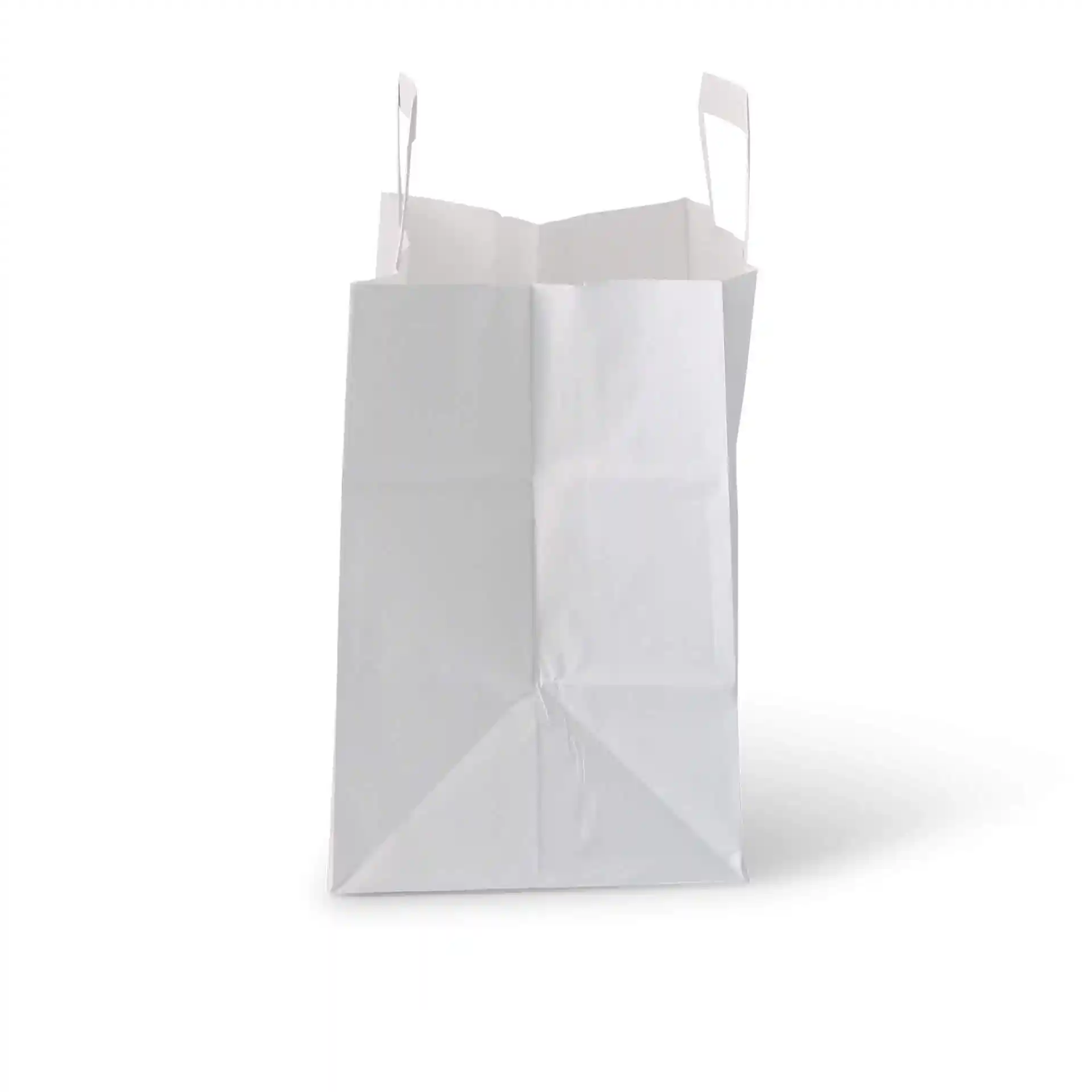 Borsa in carta kraft bianca con base ampia, misura 26 x 17 x 25 cm.