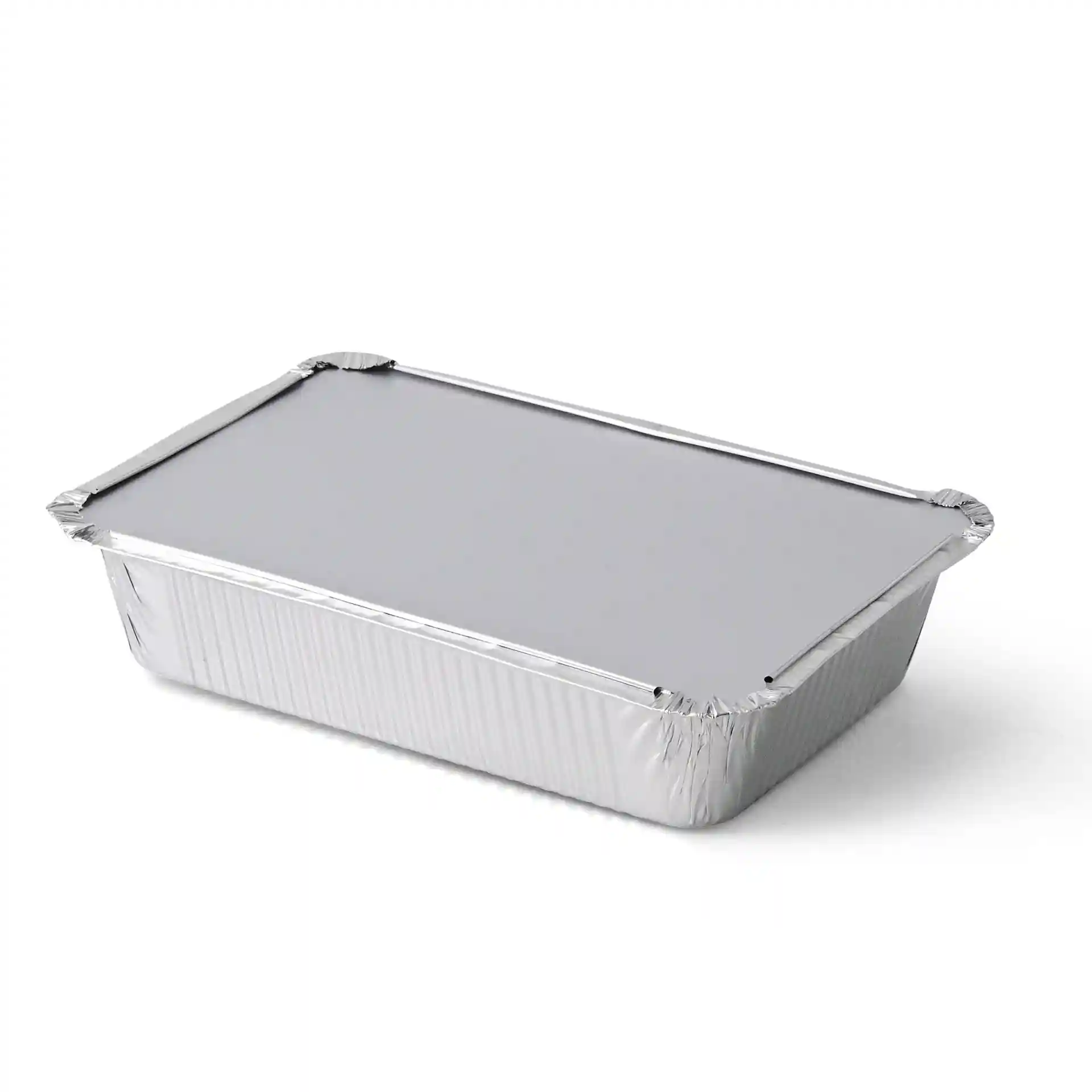 Rechteckiger Aluminiumbehälter mit den Maßen 21,4 x 14,9 x 4,3 cm, flachem Deckel und gerippten Seiten.