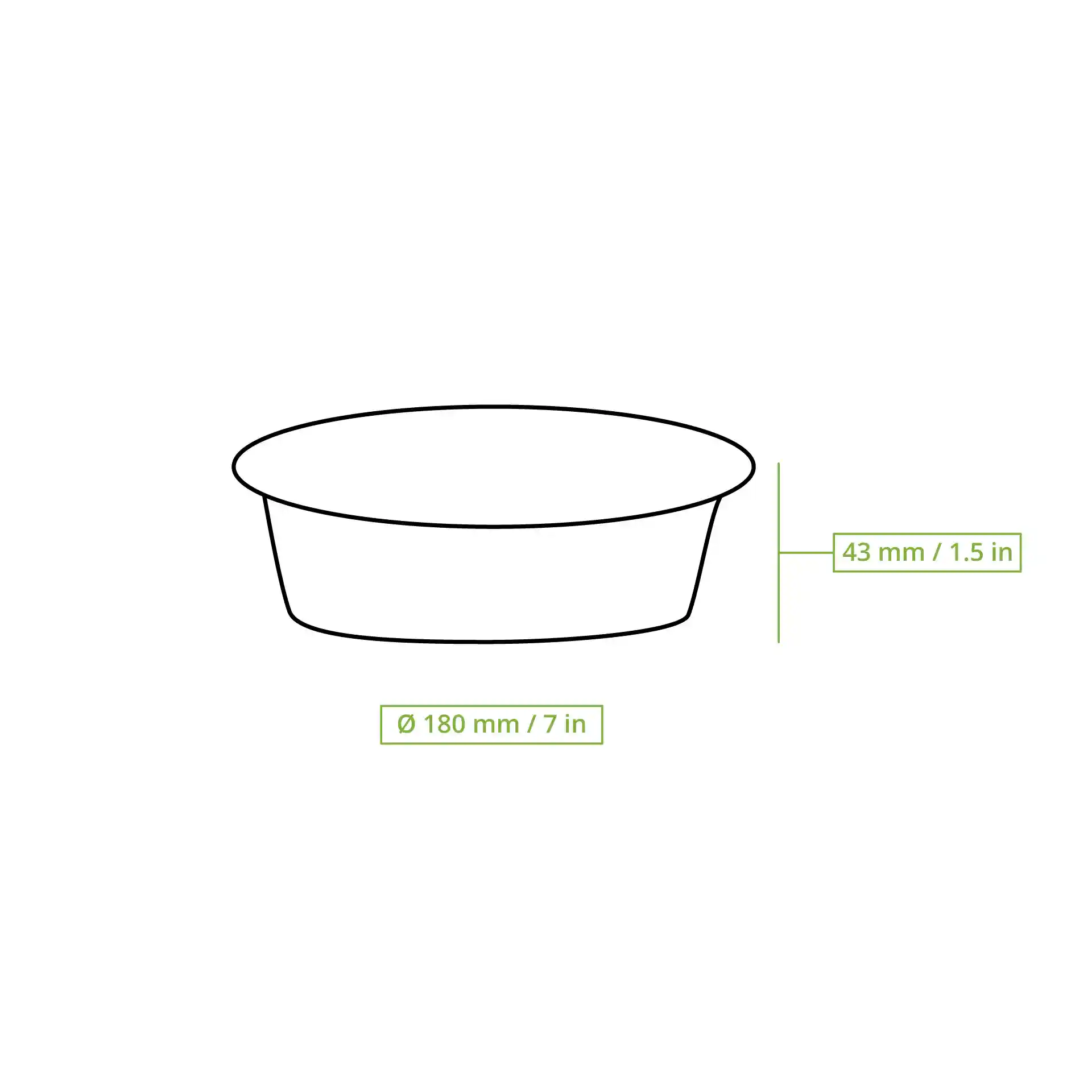 Disegno schematico di un contenitore rotondo in alluminio con un diametro di 180 mm e un'altezza di 43 mm.