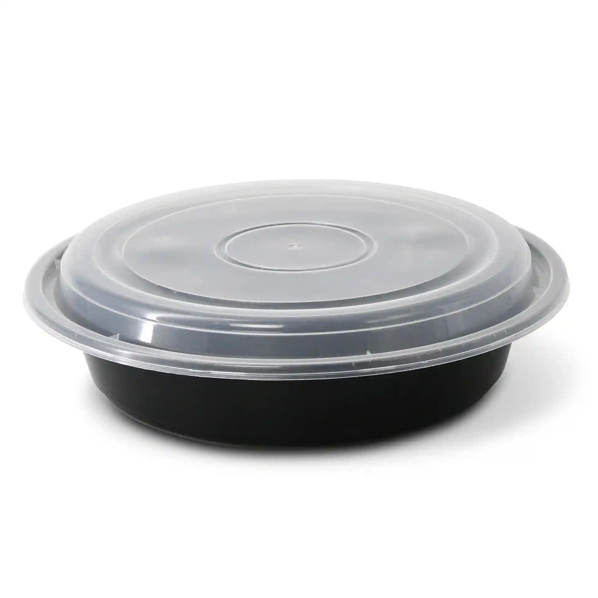 Piatto riutilizzabile nero rotondo con coperchio trasparente, capacità di 1000 ml, diametro di 212 mm.