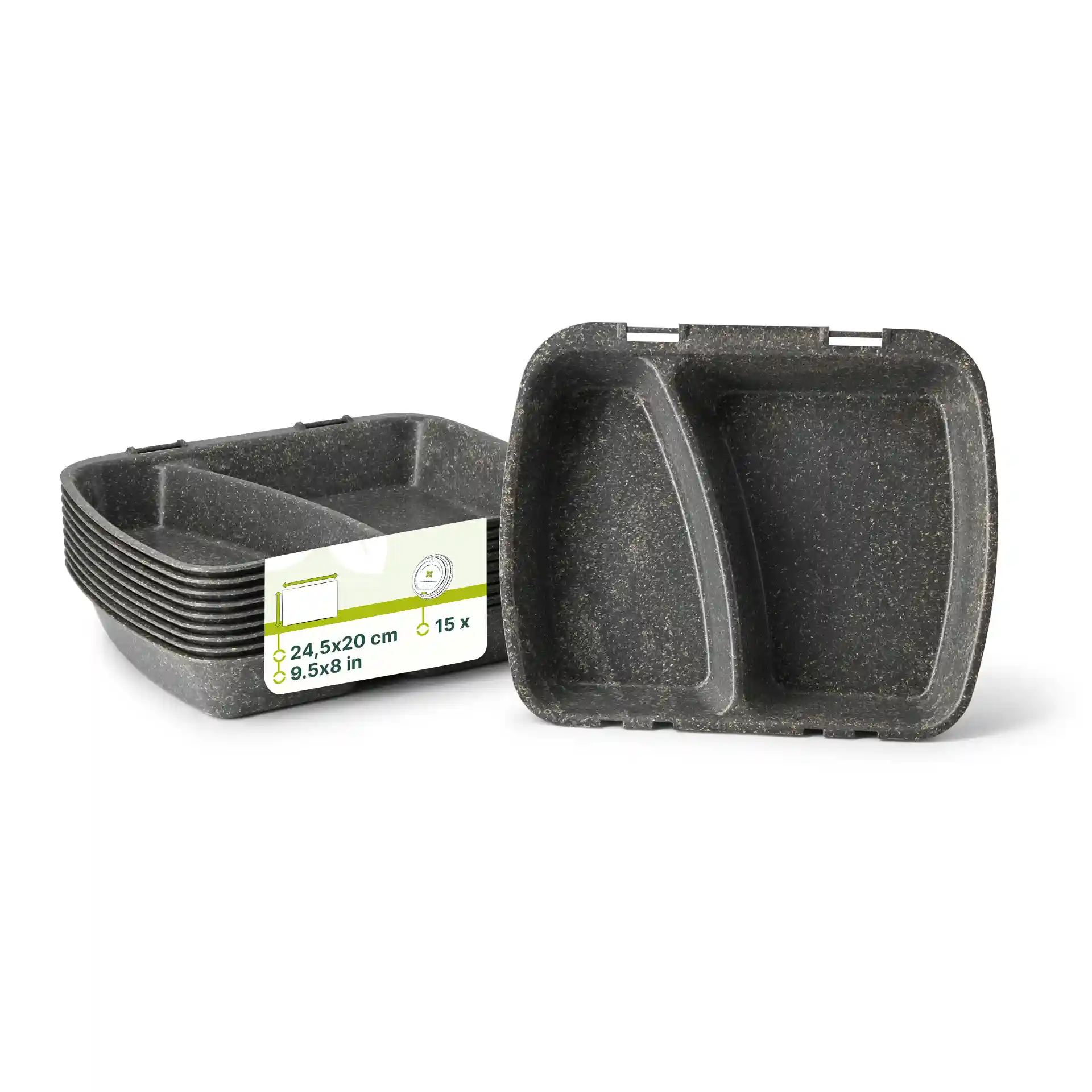 Mehrweg Menübehälter "merways Box" 24,5 x 20 x 4,5 cm, 2 Kammern, HP4/2, Pfeffer / grau