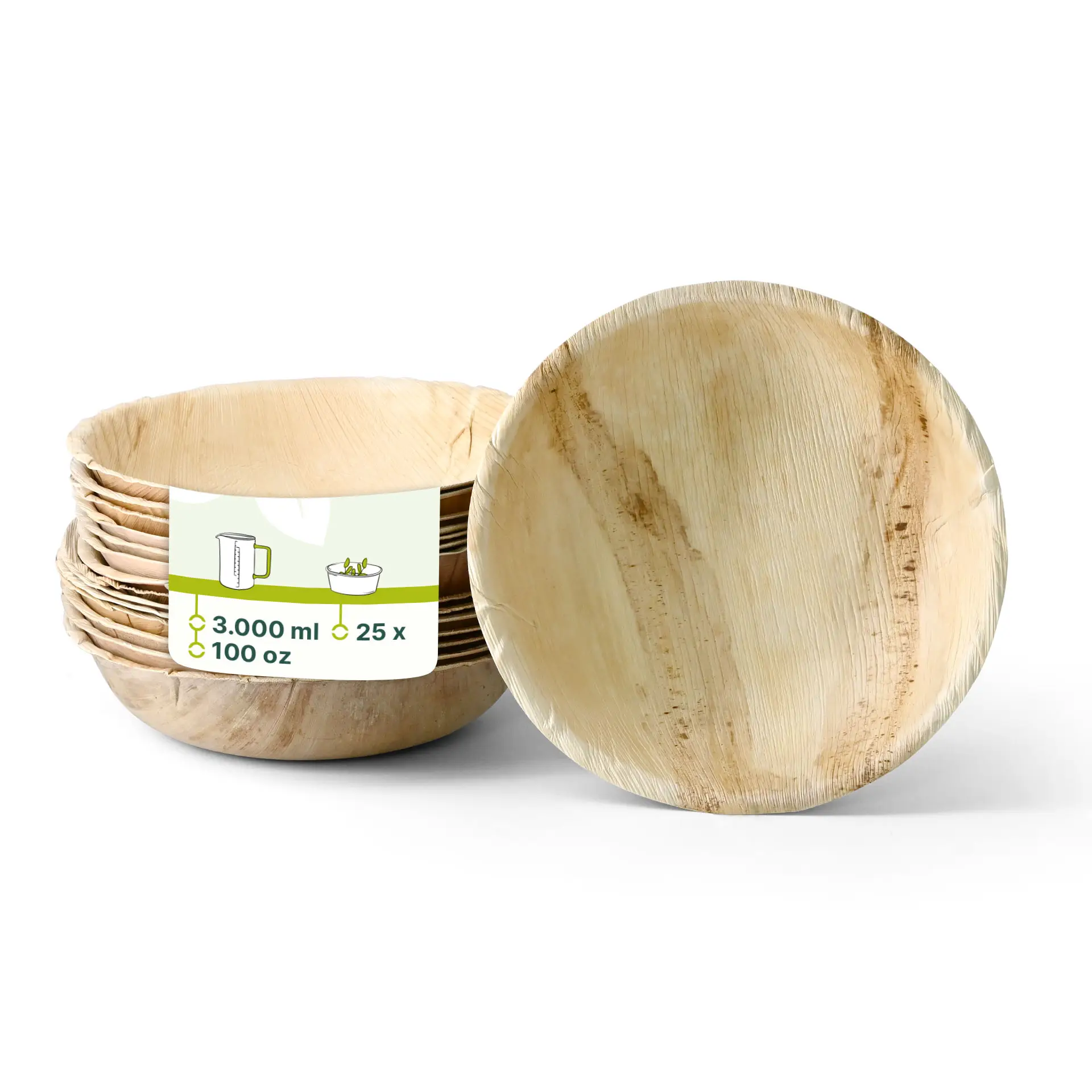 Ciotola in foglia di palma naturale, design rotondo, diametro di 30 cm, adatta per servire cibo a eventi; biodegradabile e texture decorativa.
