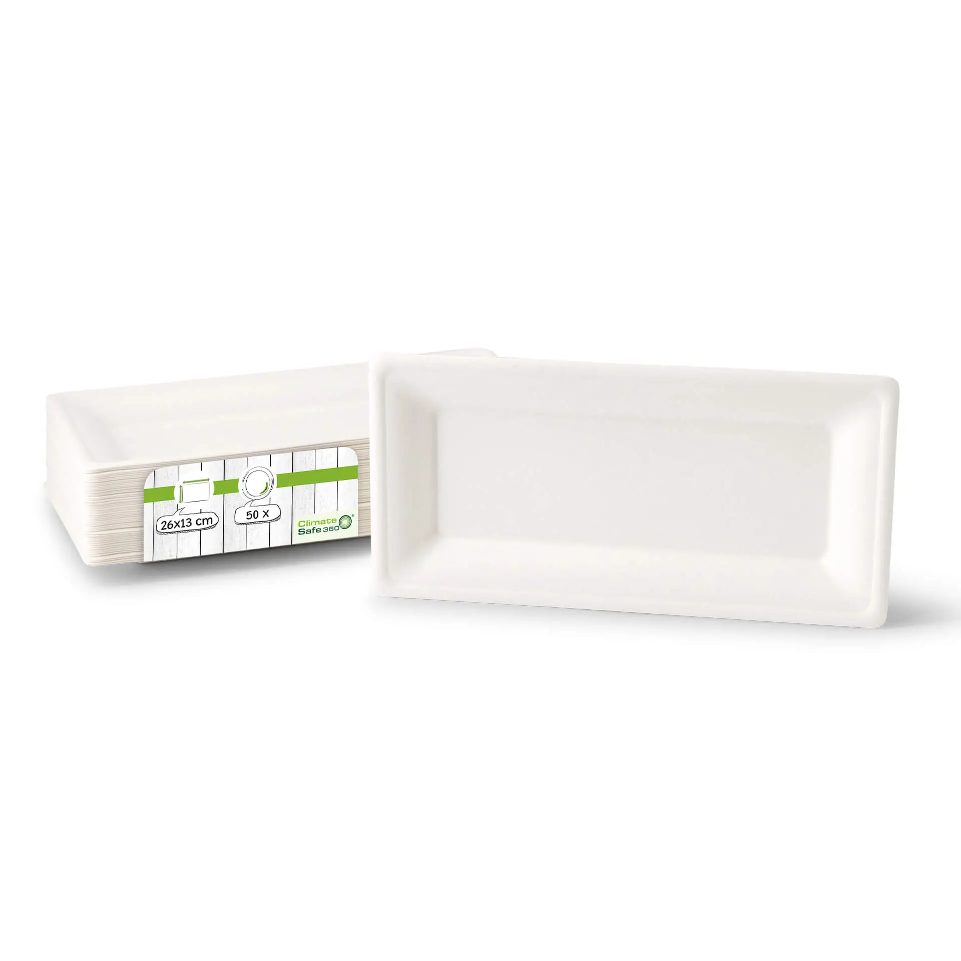 Teller aus Zuckerrohr 26 x 13 cm, rechteckig Teller aus Zuckerrohr 26 x 13 cm, rechteckig