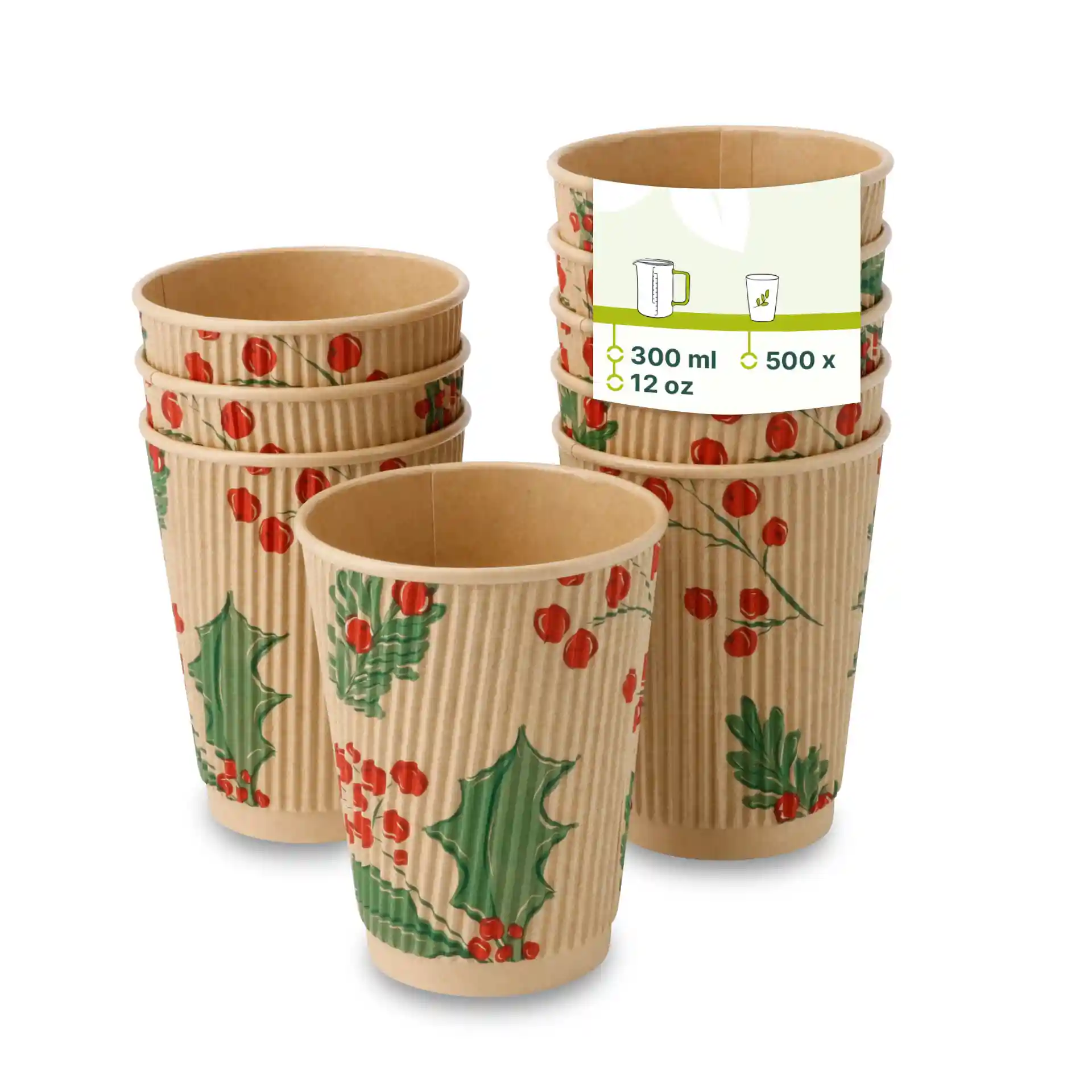 Pila di bicchieri in cartone non sbiancato con un design invernale, bacche rosse e foglie verdi, capacità di 12 oz.