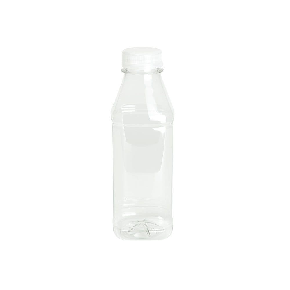 rPET-Flaschen 250 ml, eckig, klar, Deckel weiß