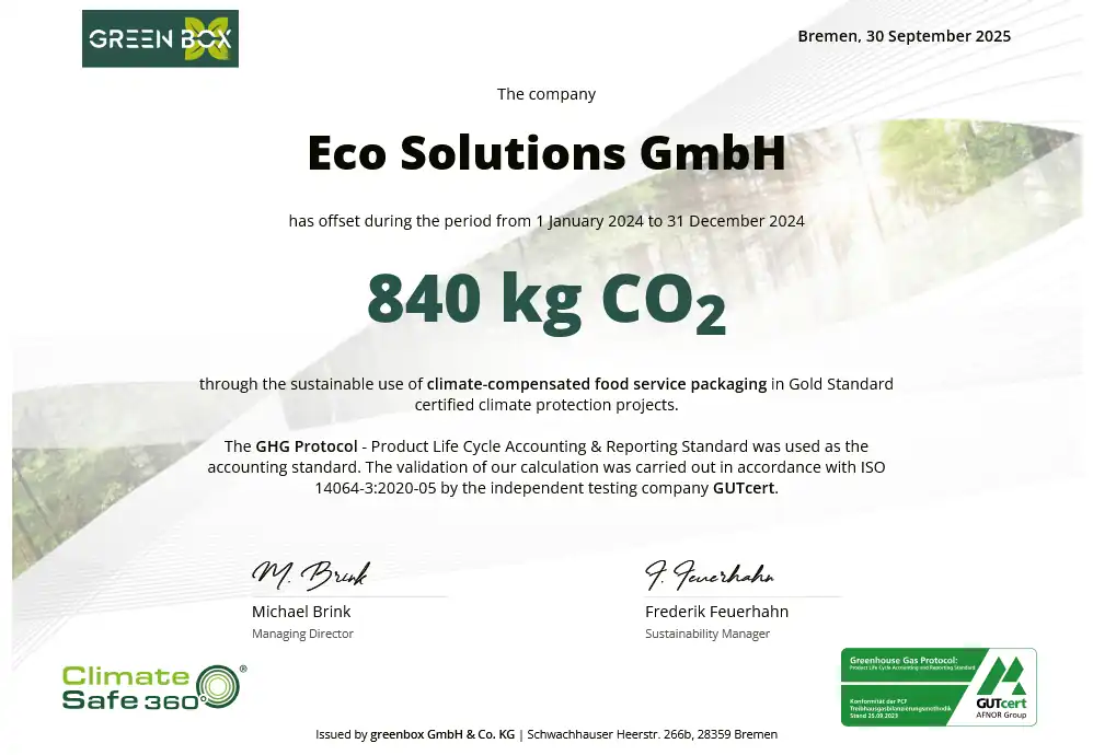 Certificato di Eco Solutions GmbH che indica un offset di 840 kg di CO₂ tramite imballaggi alimentari compensati climaticamente.