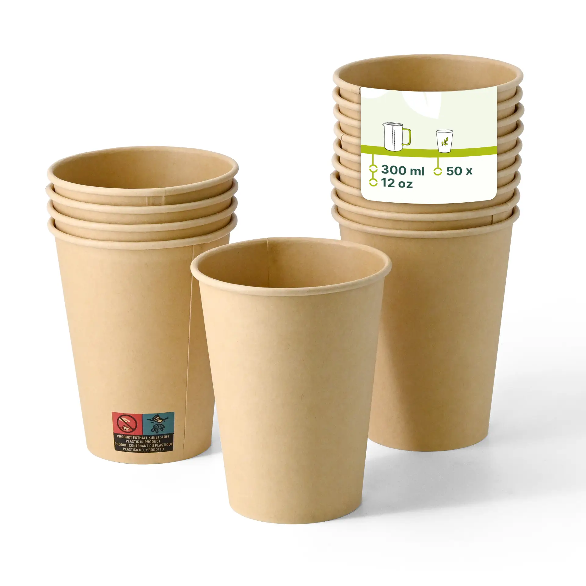 Gobelets en papier marron à paroi simple empilés, avec un gobelet devant, montrant une étiquette avec des détails de capacité et de quantité.