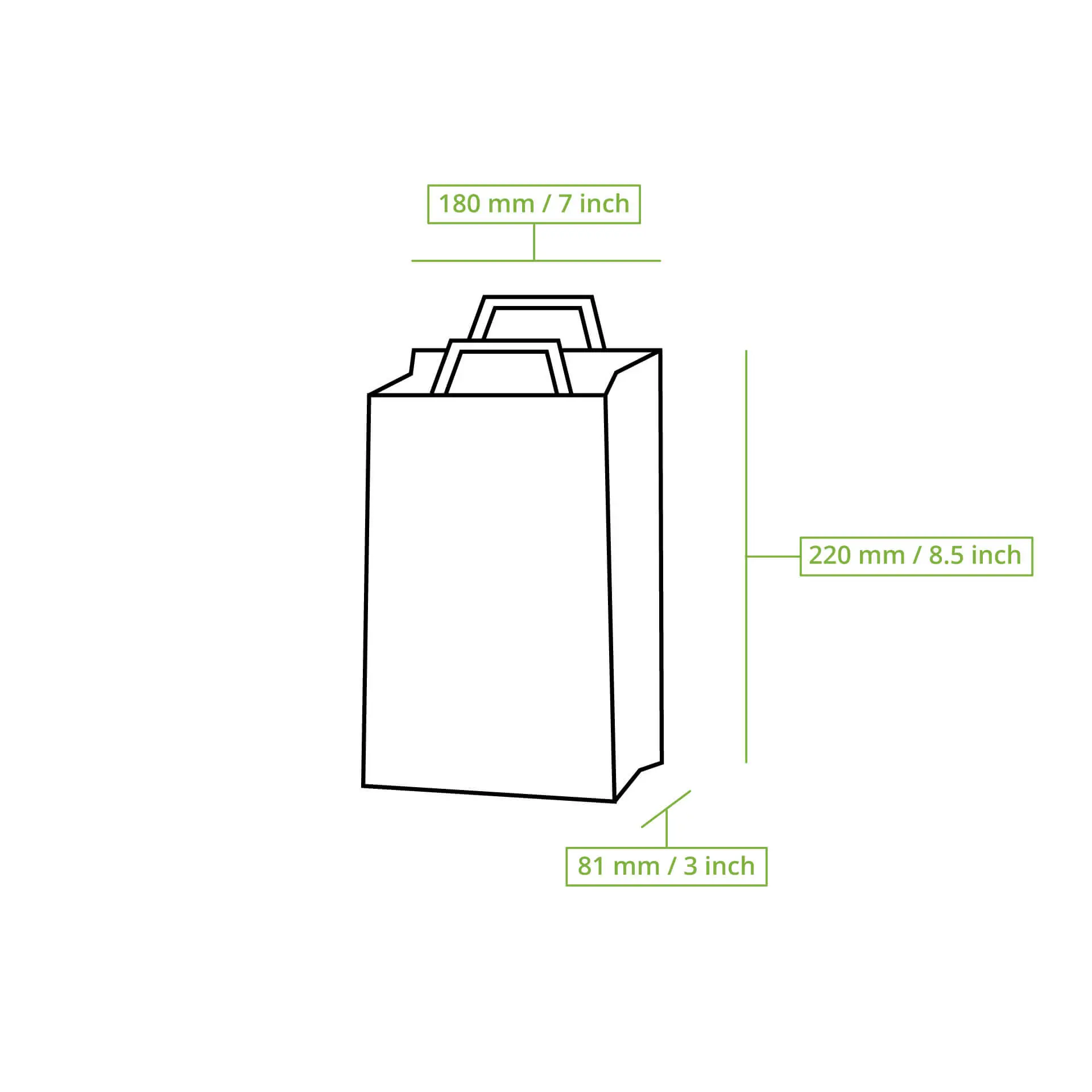 Weißer Tragetasche aus Papier mit den Maßen 180 mm x 220 mm x 81 mm, reißfeste Ausführung, geeignet für den Einkauf.
