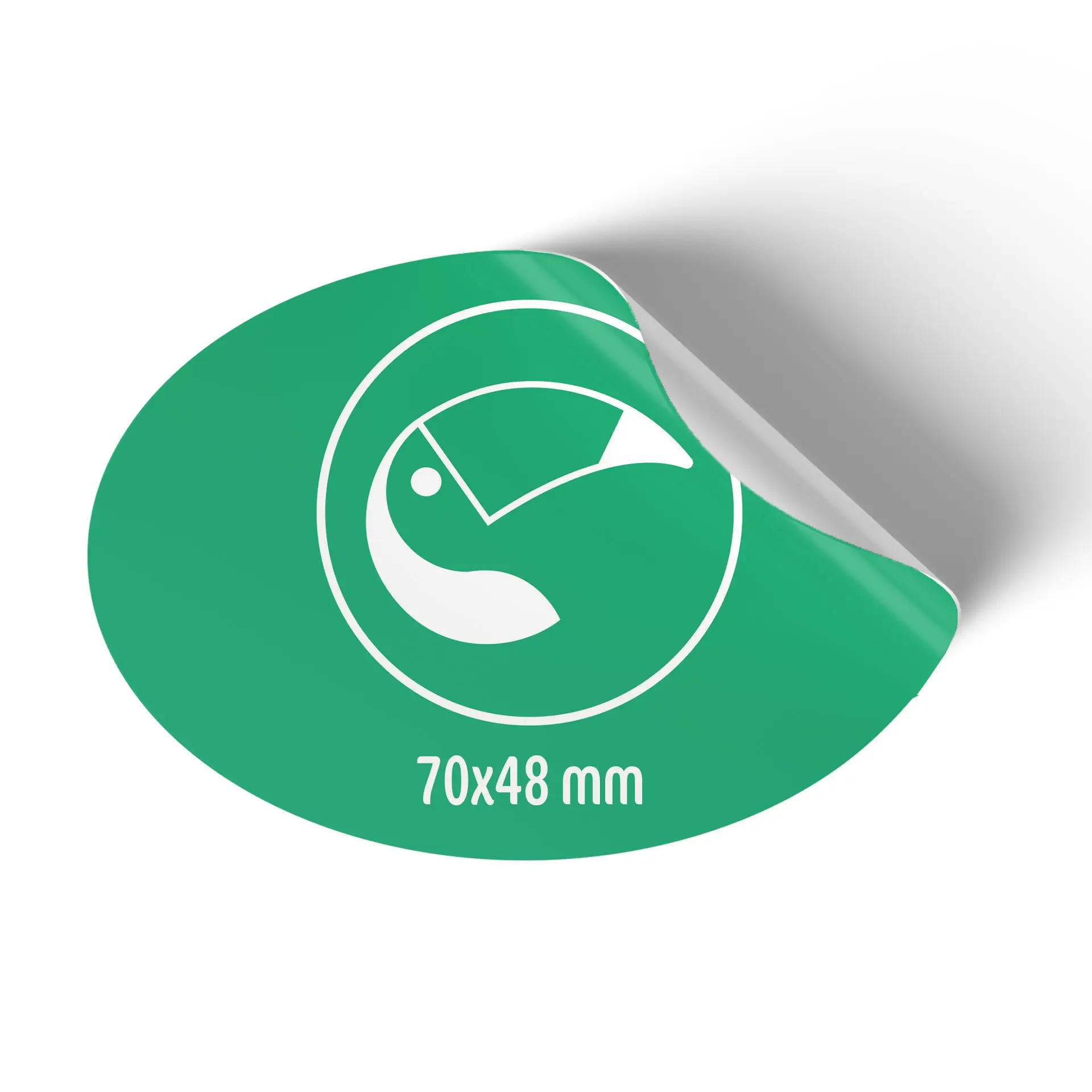 Ovaler bedruckter Etikettenrollen in glänzendem Weiß, mit einem Design von 70x48 mm und einem teilweise eingerollten Rand.