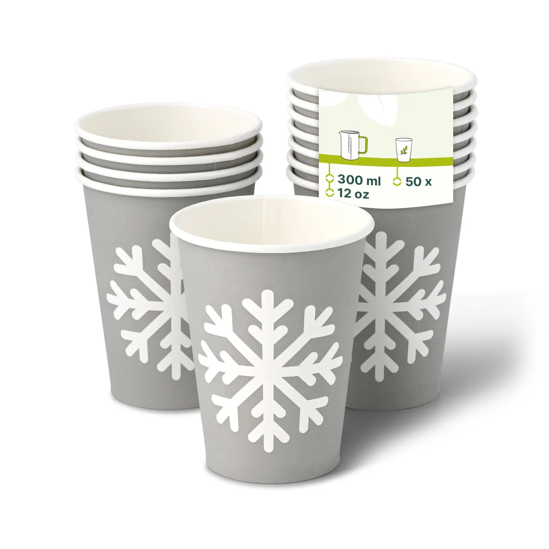 Pappbecher Winter "Schneeflocke" 300 ml / 12 oz, Ø 90 mm, grau Pappbecher Winter "Schneeflocke" 300 ml / 12 oz, Ø 90 mm, grau
