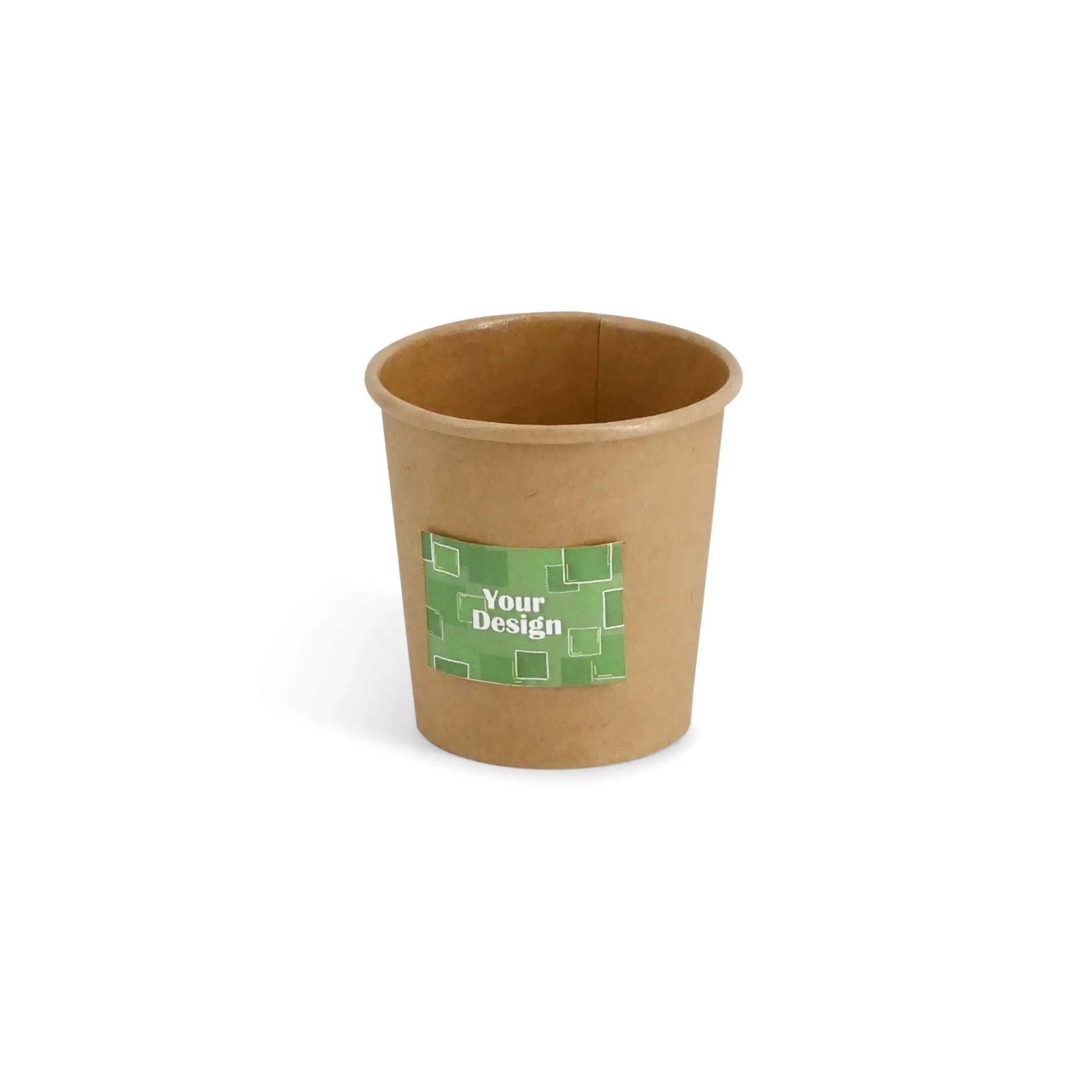 Gobelet en papier kraft avec étiquette verte et design personnalisable, adapté pour les boissons et à emporter.