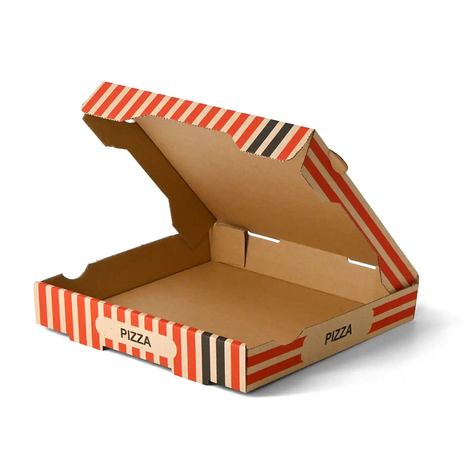 Boîte à pizza en carton avec un fond marron et un design à rayures rouges, mesurant 28 x 28 x 4 cm, partiellement ouverte.