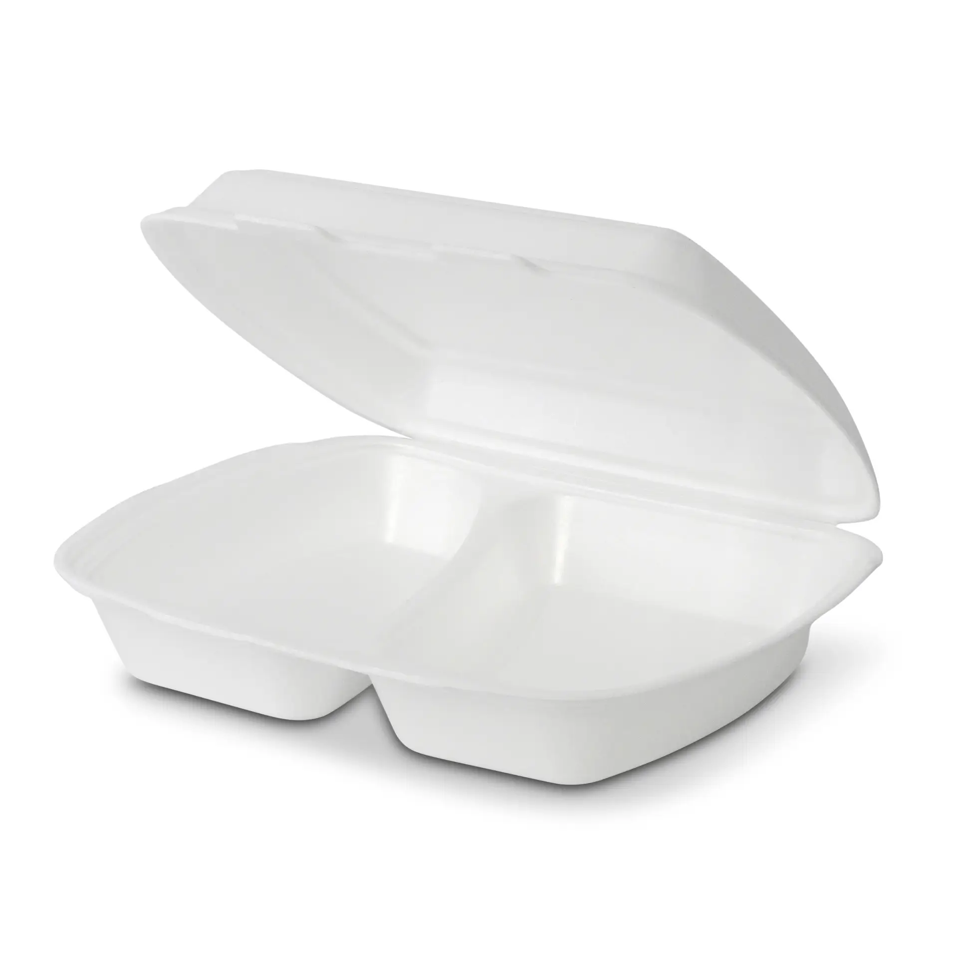 Conteneur à emporter divisé blanc avec deux sections et un couvercle ouvert.