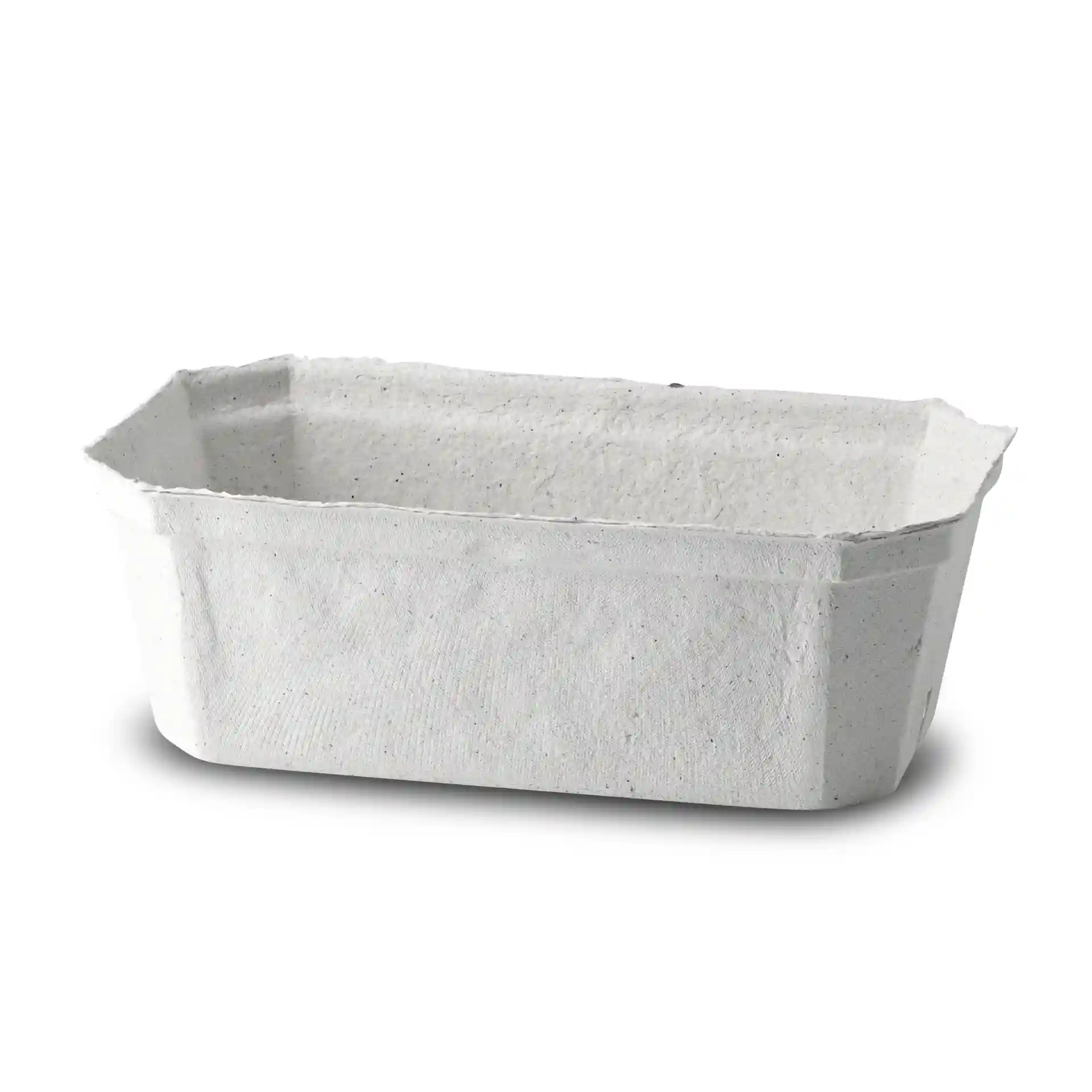 Barquette à baies en pulpe de bois blanc, de forme rectangulaire, mesurant 185 mm de long, 115 mm de large et 65 mm de haut.