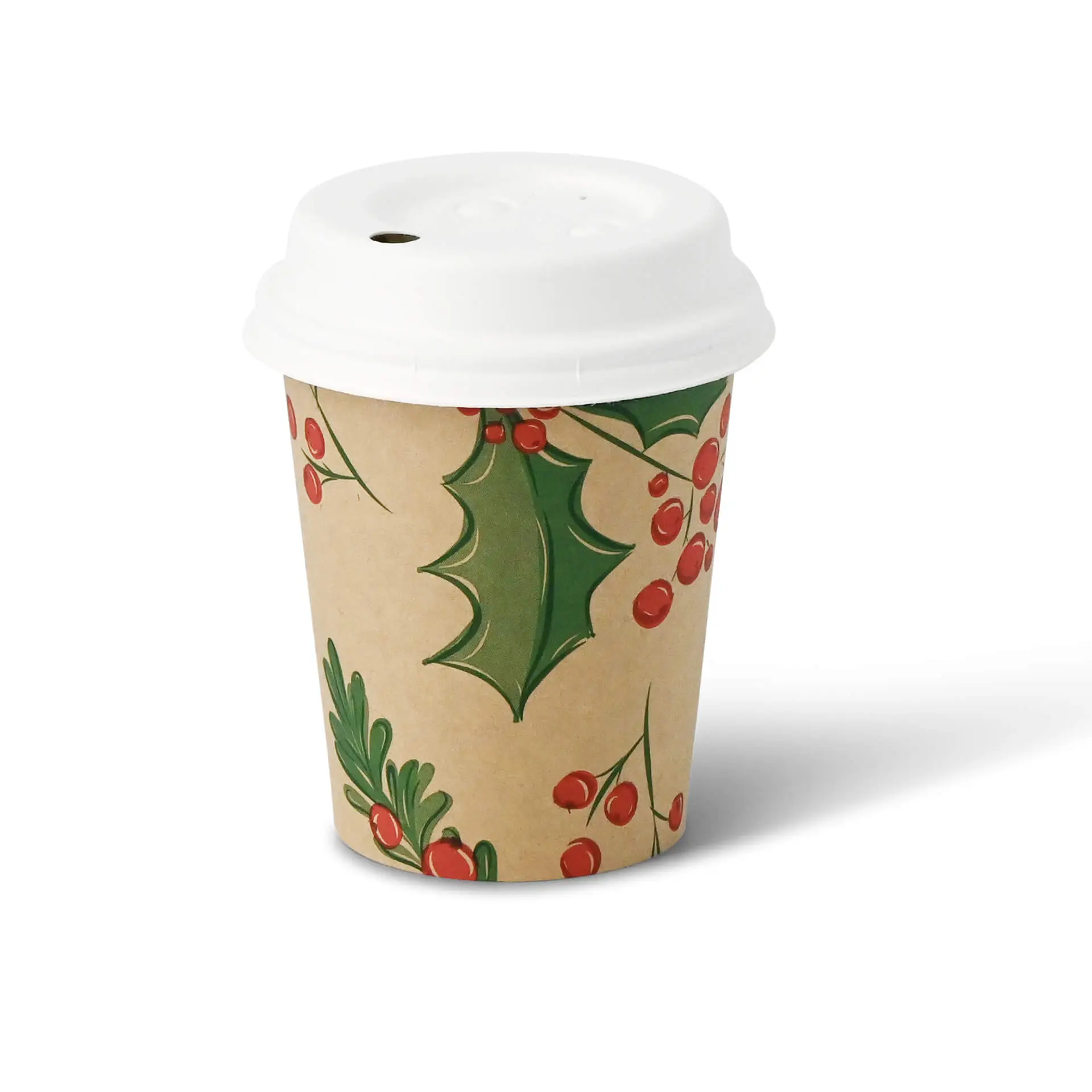 Gobelet en papier avec un design d'hiver imprimé featuring houx et baies, carton non blanchi, capacité de 8 oz.