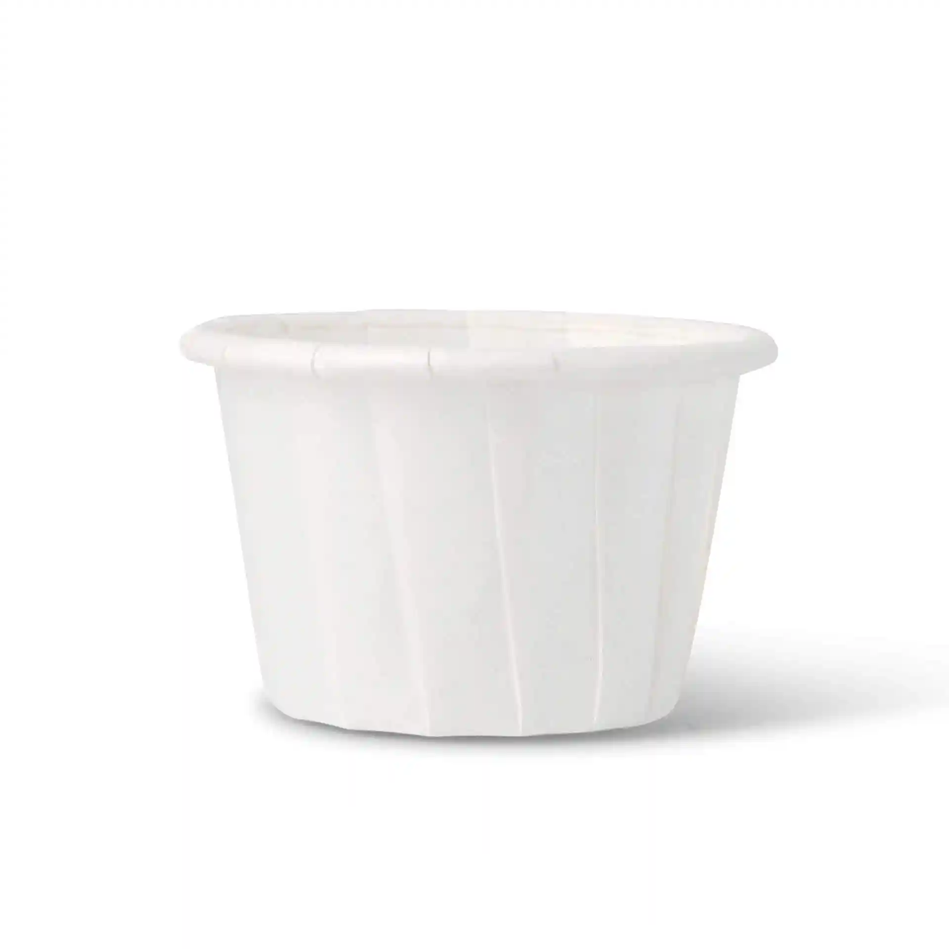 Weißer Becher mit einer Höhe von 30 mm und einem Durchmesser von 48 mm, fasst 35 ml Flüssigkeit.