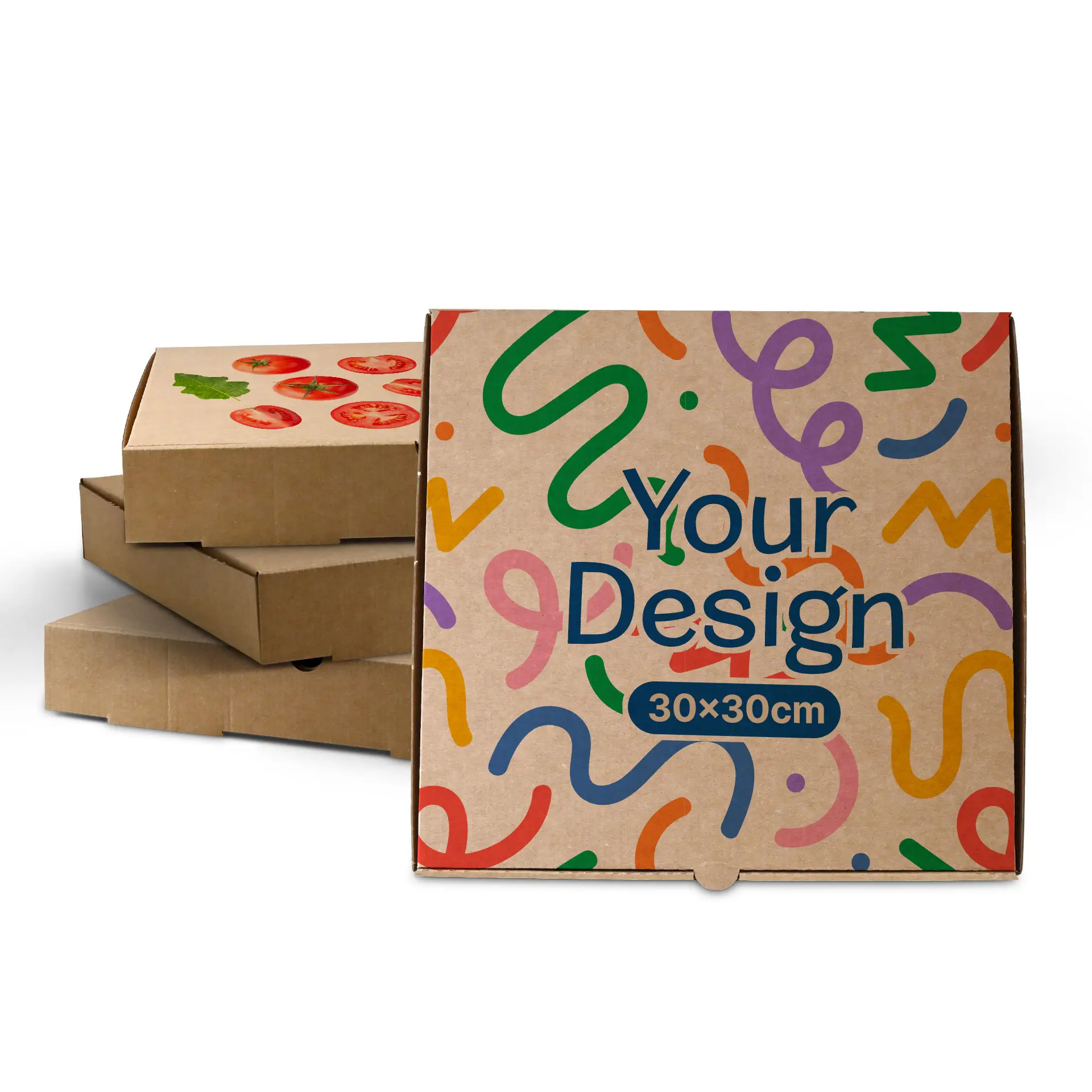Scatola per pizza marrone con design astratto colorato, dimensioni 30 x 30 cm, davanti a diverse scatole simili.