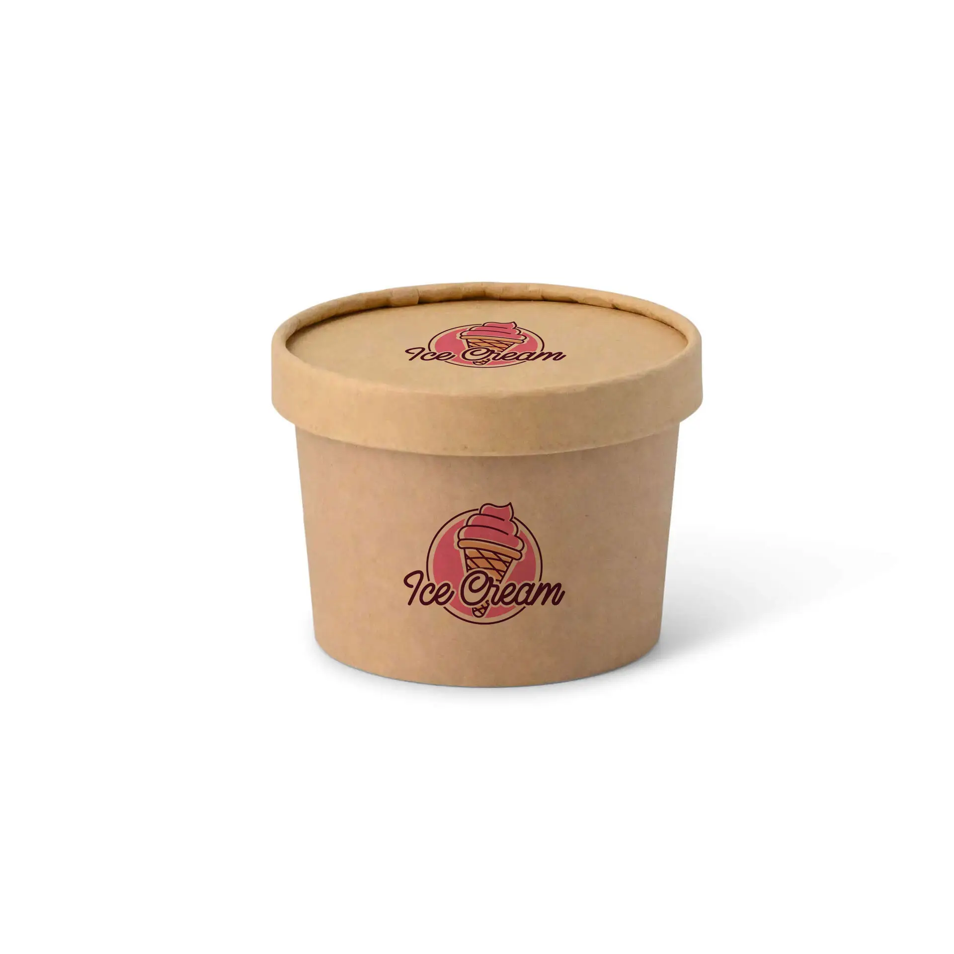 Coppa di cartone marrone per gelato con coperchio stampato con logo di gelato, adatta per cibo da asporto.