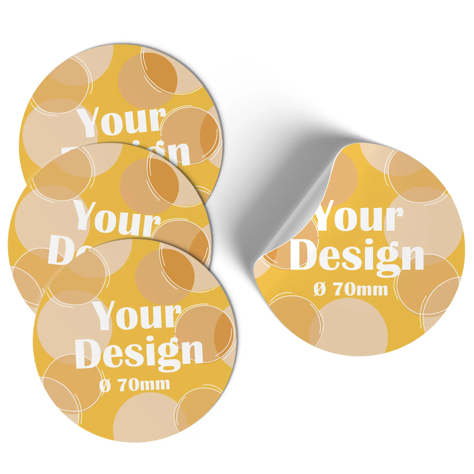 Étiquette ronde bleue avec un design blanc; dimensions de 7 cm de diamètre.