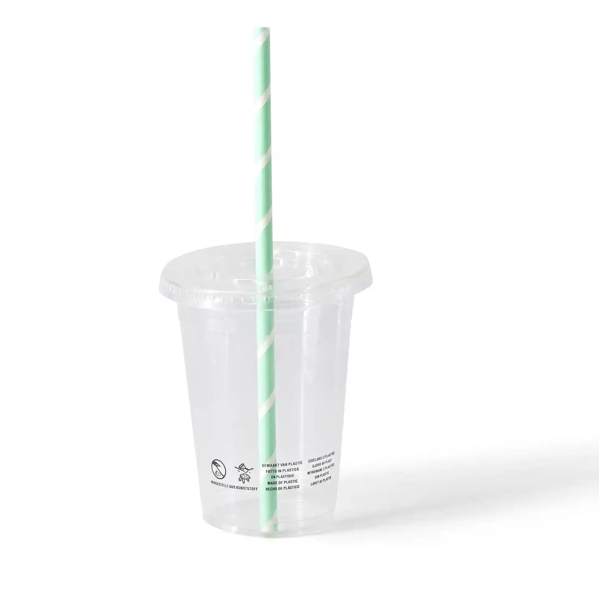 Gobelet en plastique PLA transparent avec une paille rayée verte et blanche, capacité de 400 ml, sur un fond uni.