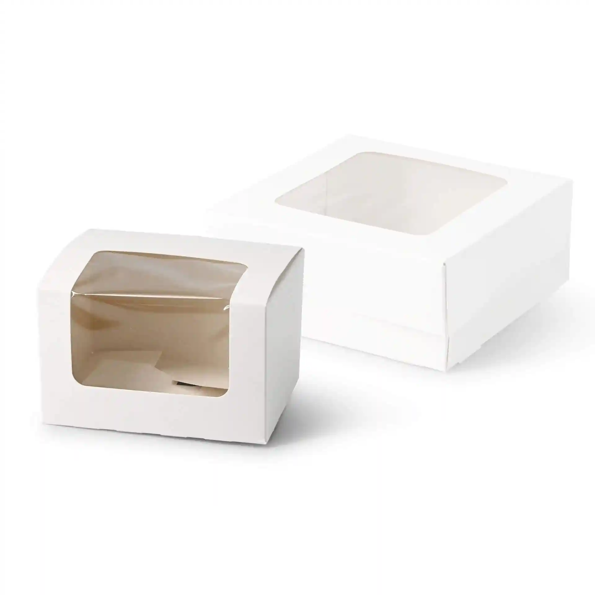 Boîtes à pâtisserie blanches avec fenêtres en cellulose, mesurant 13 x 11 x 8 cm, présentées en deux tailles.