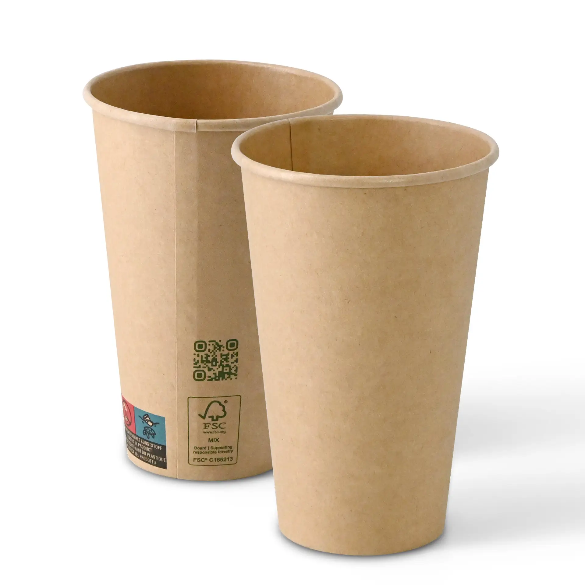 Bicchiere di carta marrone con parete singola, capacità di 400 ml e diametro di 90 mm, mostrato da due angolazioni.