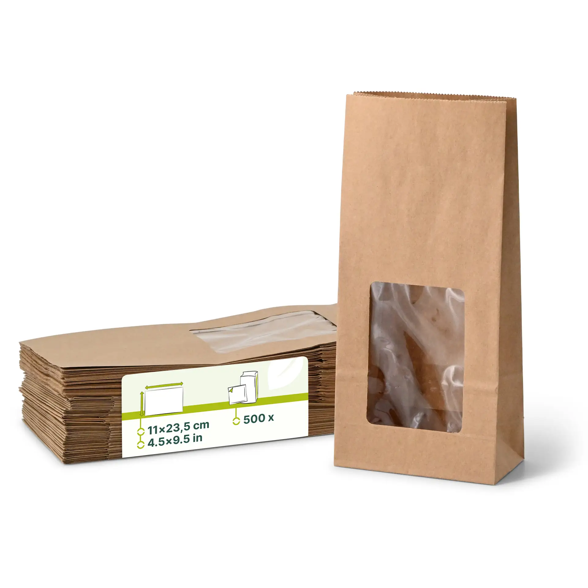 Sac SOS kraft brun M avec fenêtre PLA, 11 x 6 x 23,5 cm dre03951-blockbeutel-m-pla-fenster-m-11-x-6-x-235-cm-braun-kraftpapier