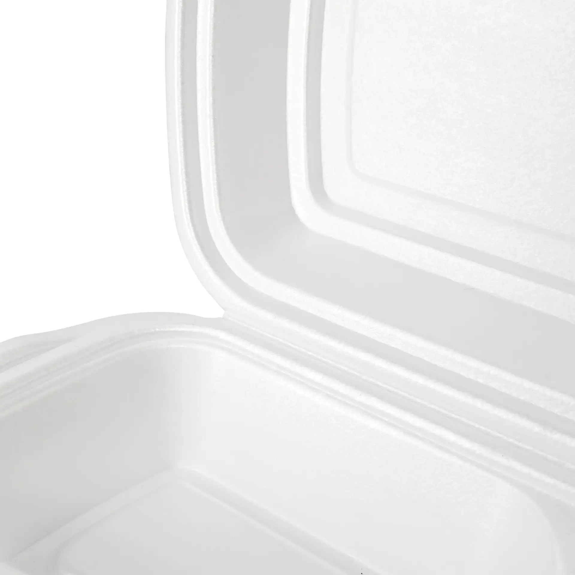 Conteneur à emporter en mousse blanche avec un couvercle à charnière, vue ouverte de côté.