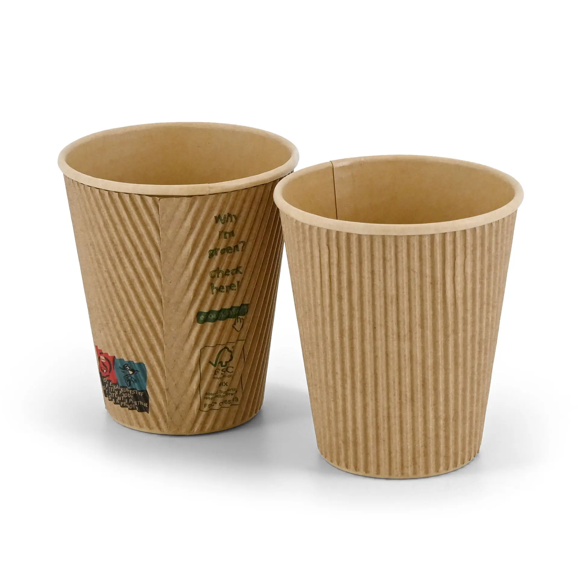 Gobelets en papier marron à triple paroi avec surface nervurée, adaptés aux boissons chaudes, avec revêtement intérieur en PLA.