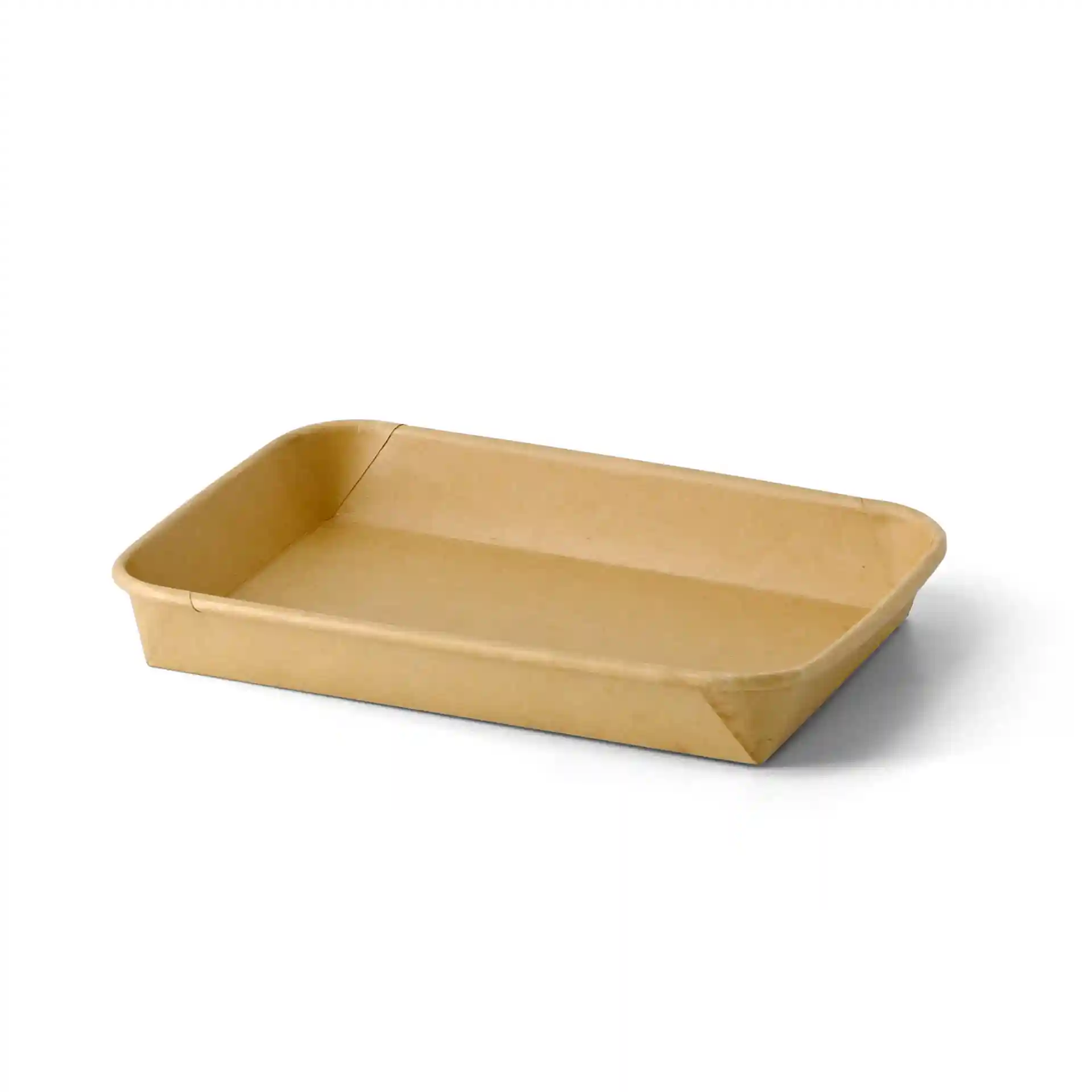 Scatola per sushi marrone di forma rettangolare, misura 18,5 x 13 x 2,5 cm, con superficie rivestita in PE.