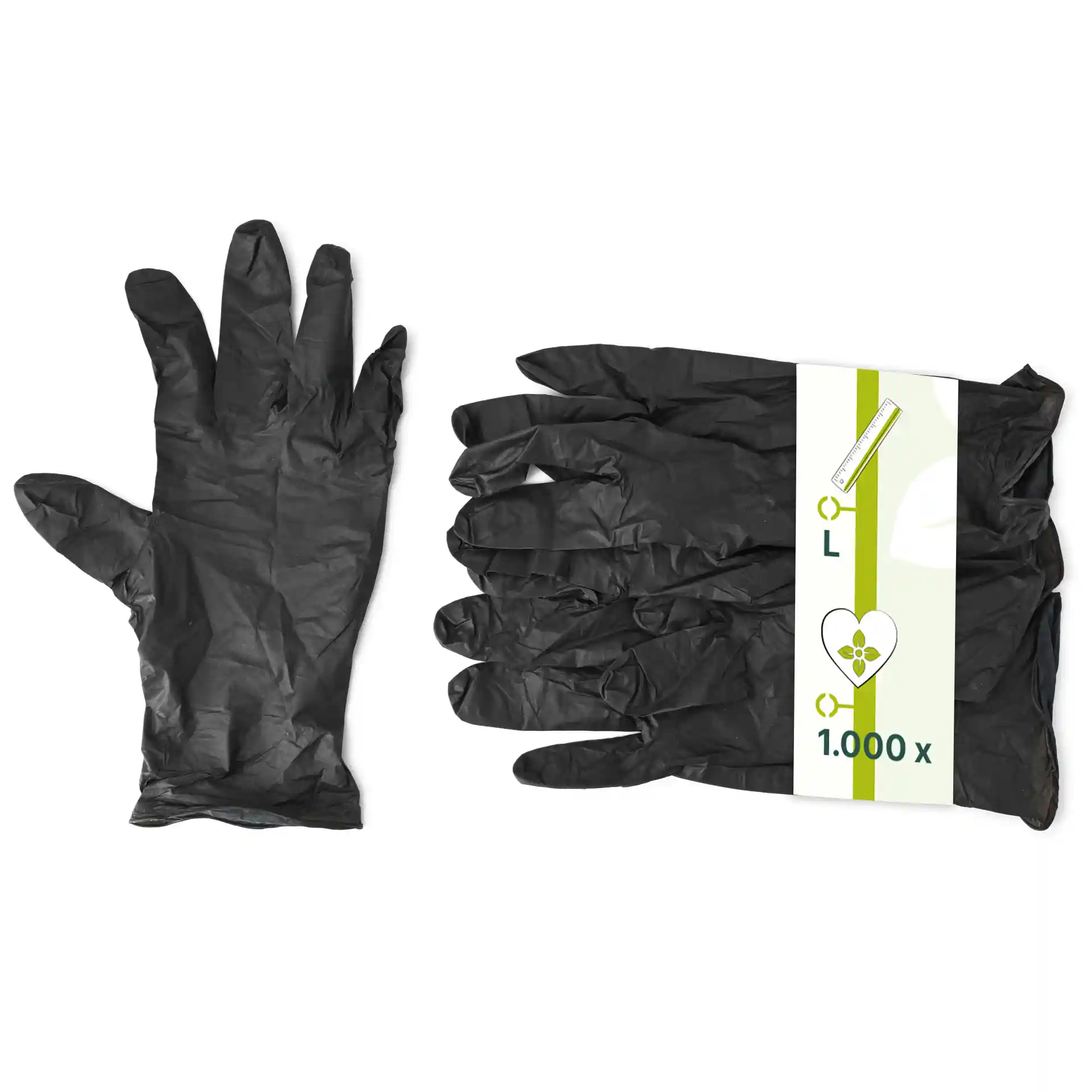 Gants en nitrile noirs de taille L, avec un gant montré et un paquet de plusieurs gants à côté.