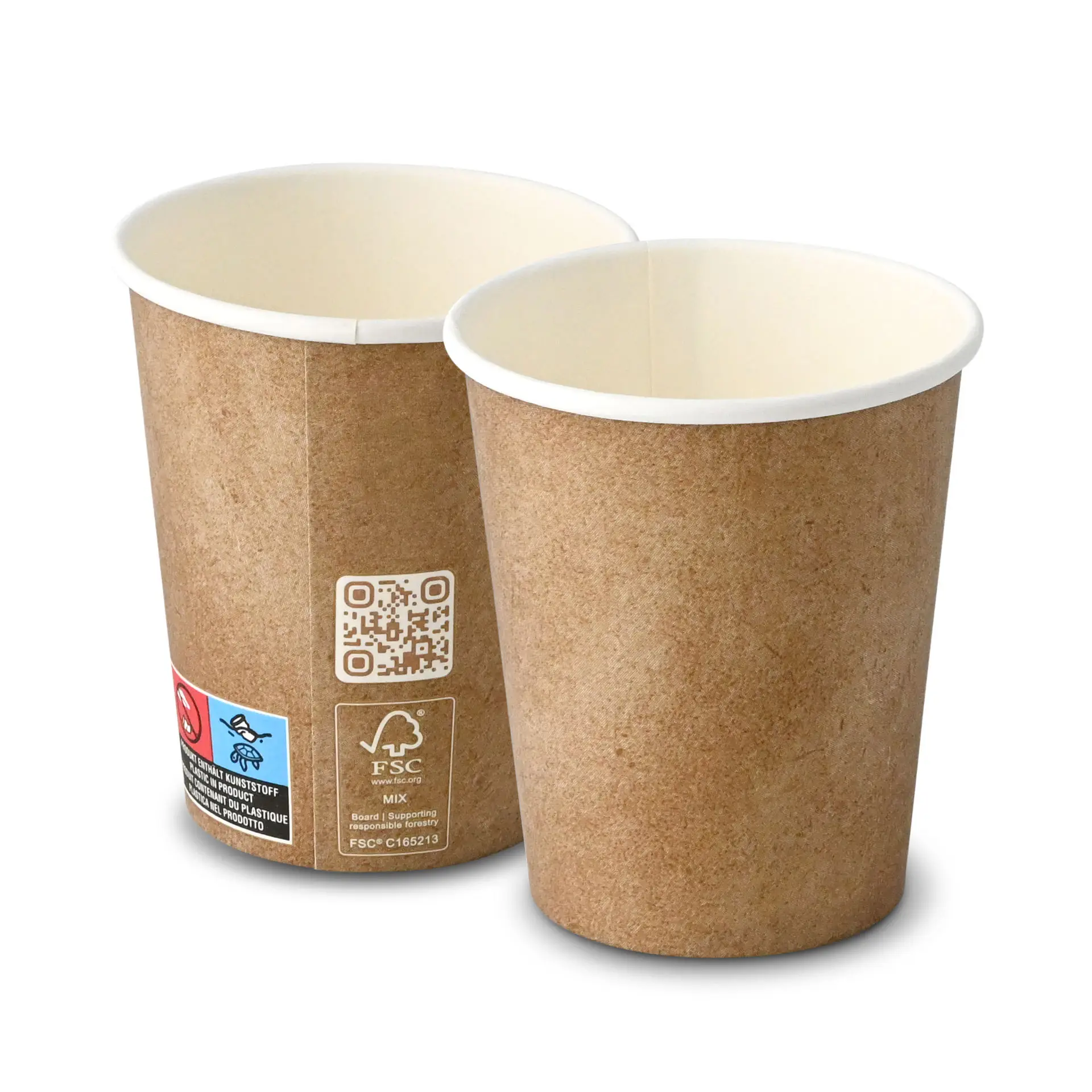 Bicchiere di carta marrone con rivestimento interno bianco, parete singola, capacità di 200 ml e diametro di 80 mm.
