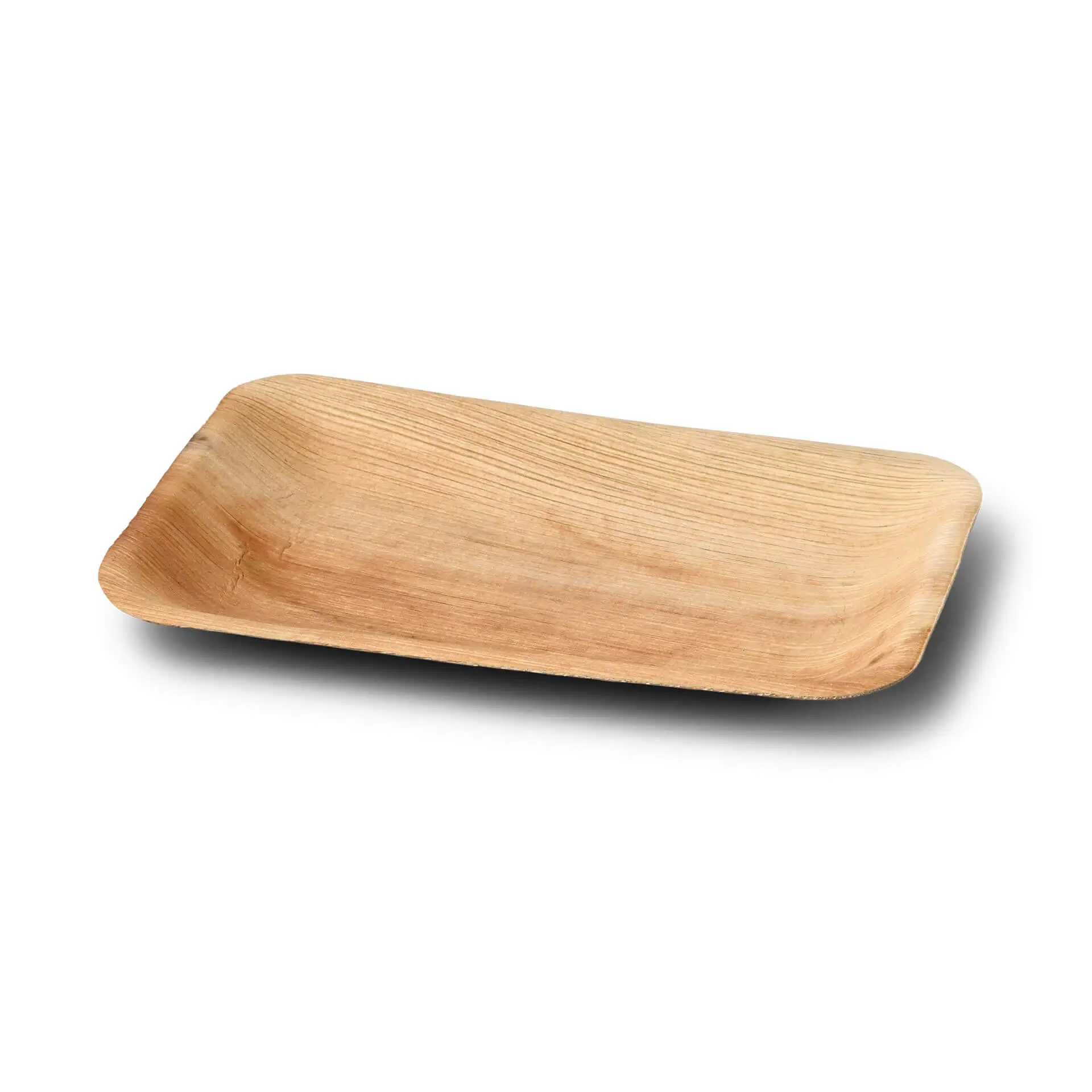 Assiette rectangulaire en feuille de palmier avec finition en grain naturel, mesurant 25 x 15 cm, design plat et peu profond.