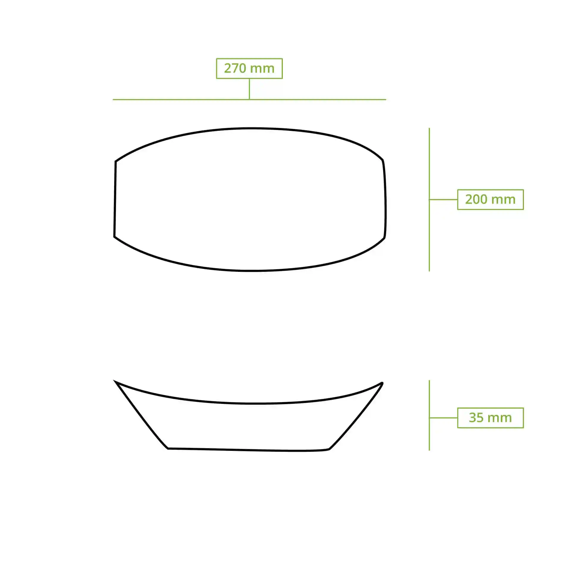 Disegno schematico di un vassoio rettangolare con dimensioni 270 mm per 200 mm e altezza 35 mm.