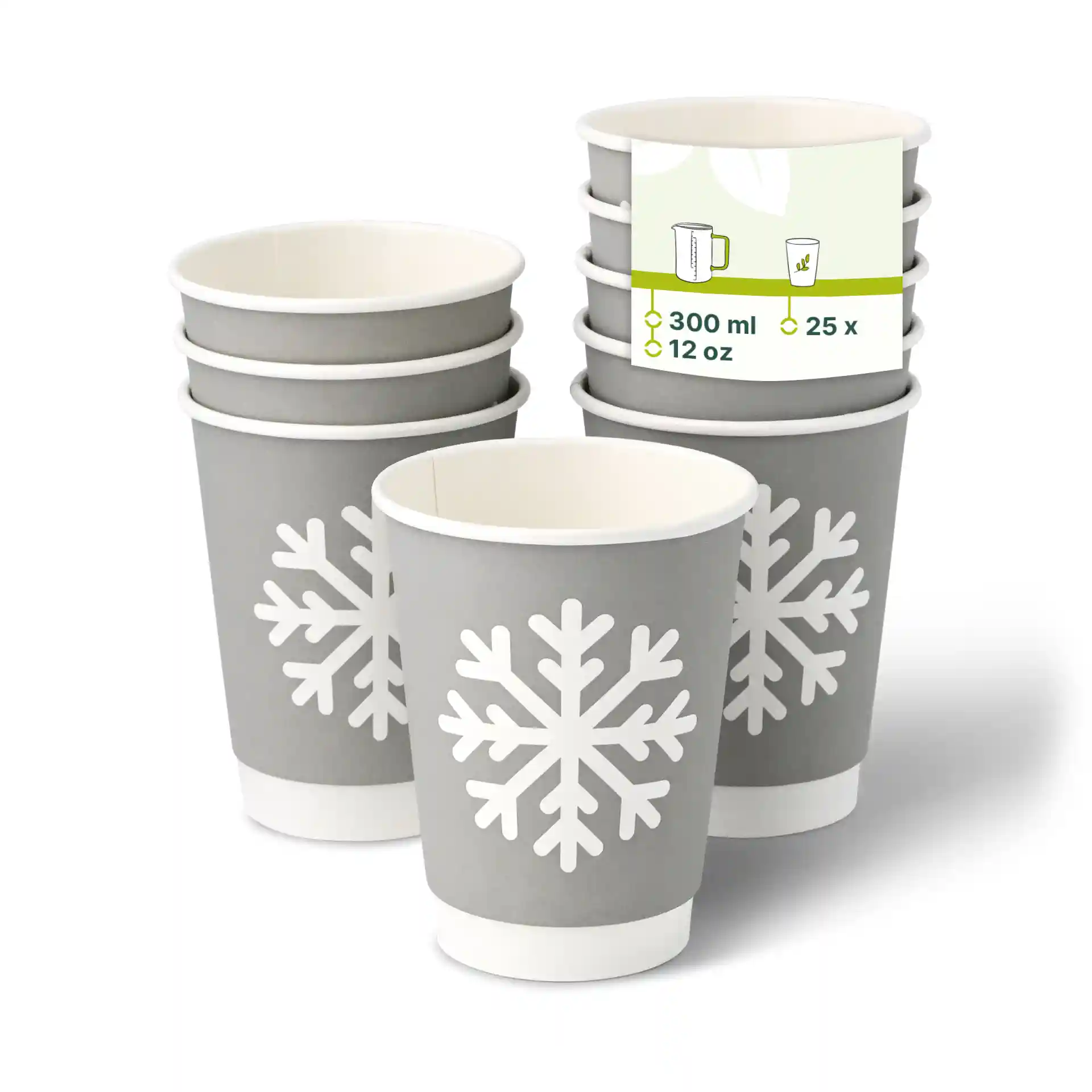 Gobelet en carton hiver à double paroi "Flocon de neige" gris 300 ml / 12 oz, Ø 90 mm