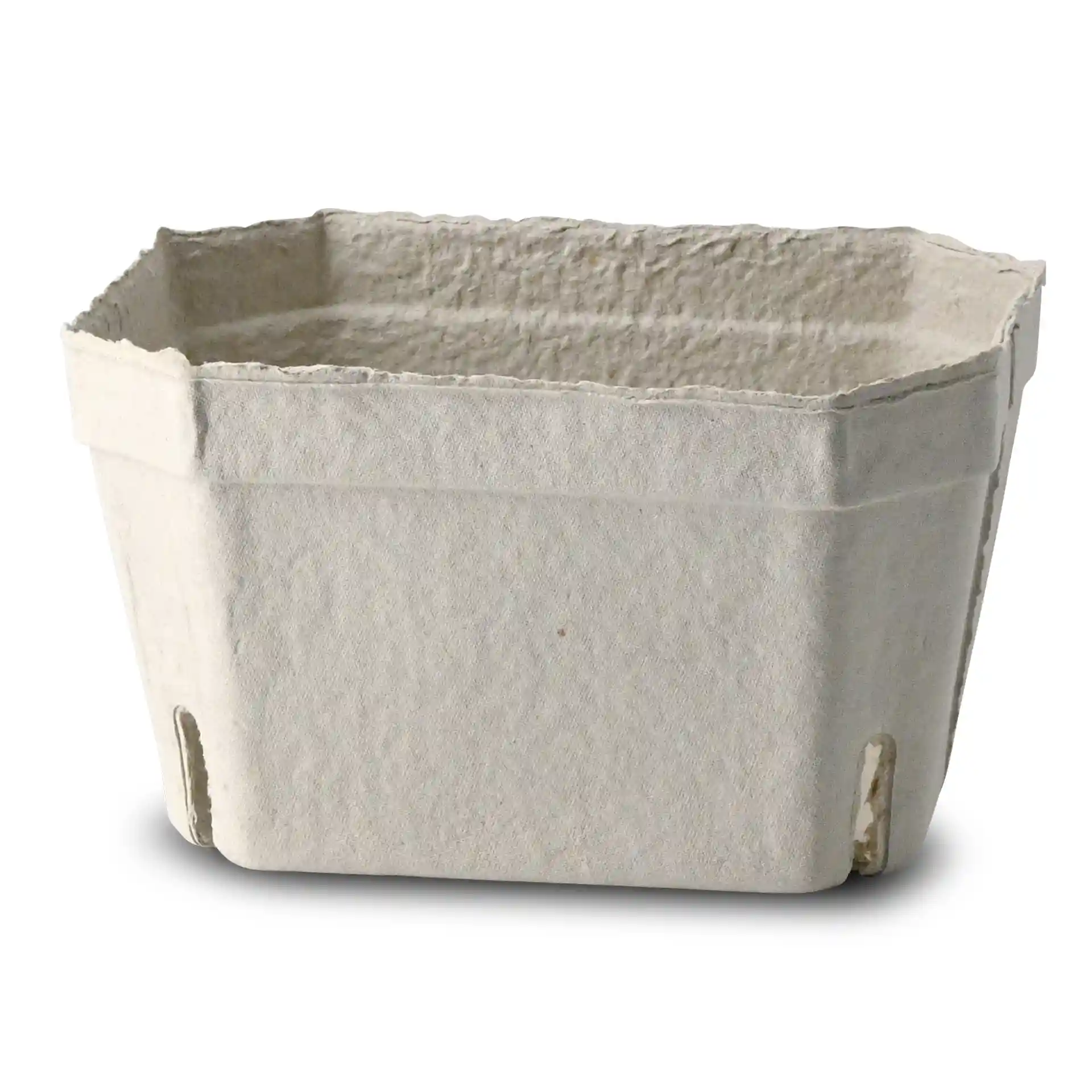 Barquette en pulpe de bois blanche de forme rectangulaire et ouverte, mesurant 180 mm de long, 142 mm de large et 106 mm de haut.