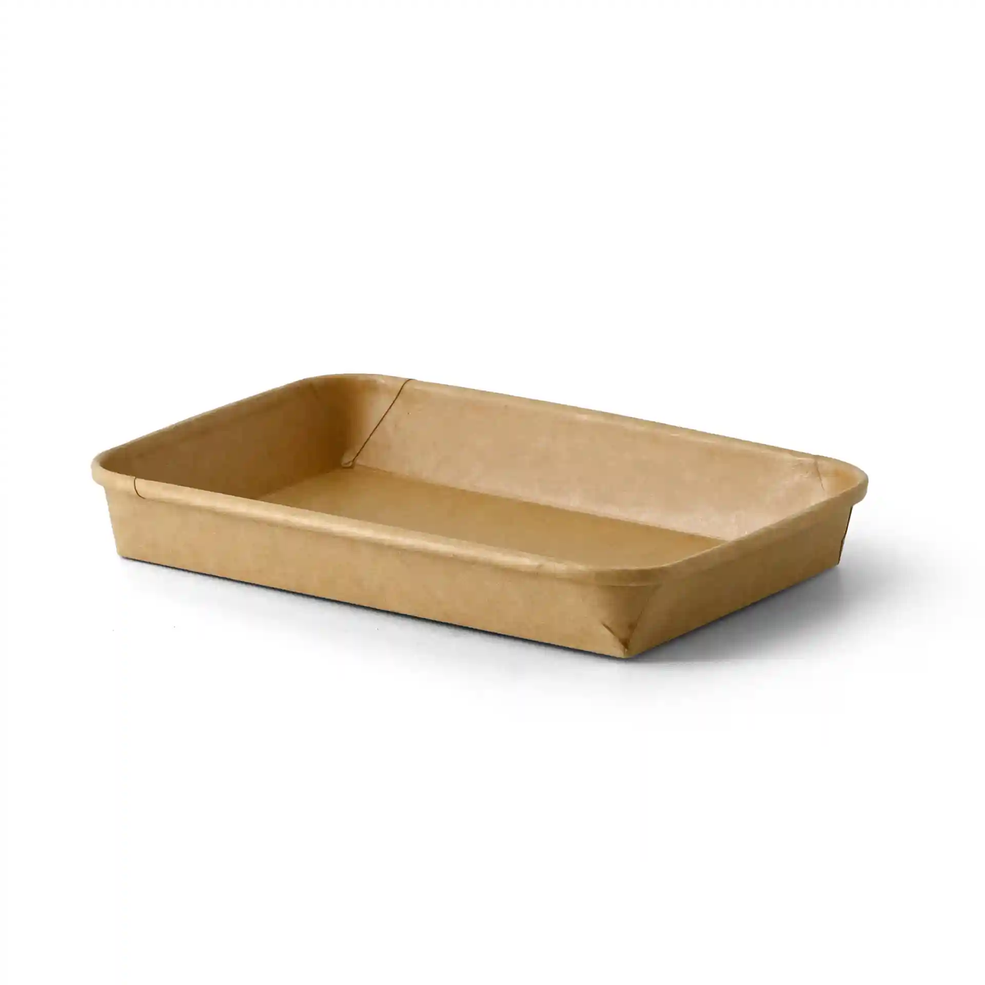 Braune rechteckige Sushi-Box, PE-beschichtet, 22 x 14 x 2,5 cm groß, mit leicht erhöhten Kanten.