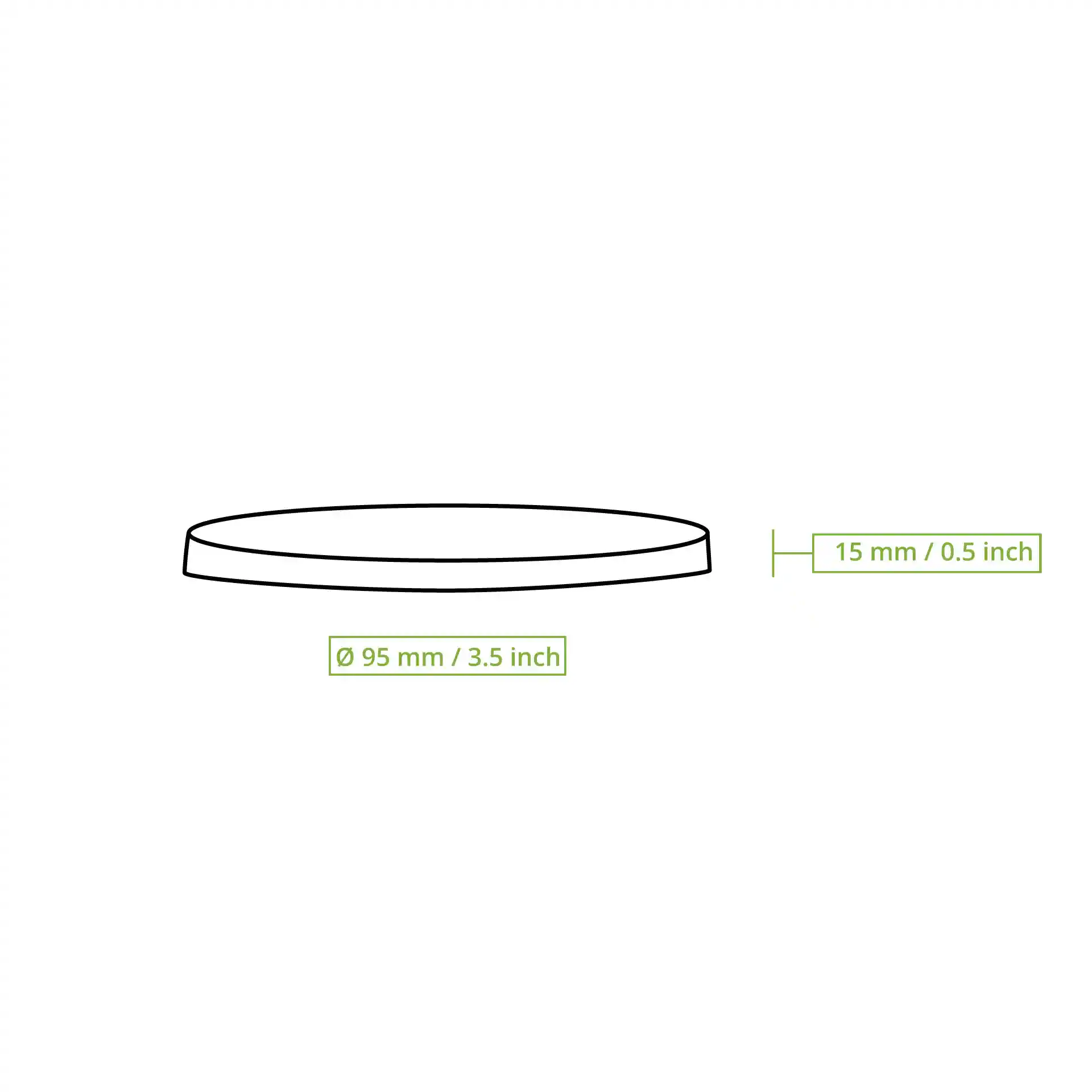 Disegno schematico di un coperchio rotondo con un diametro di 95 mm e un'altezza di 15 mm.