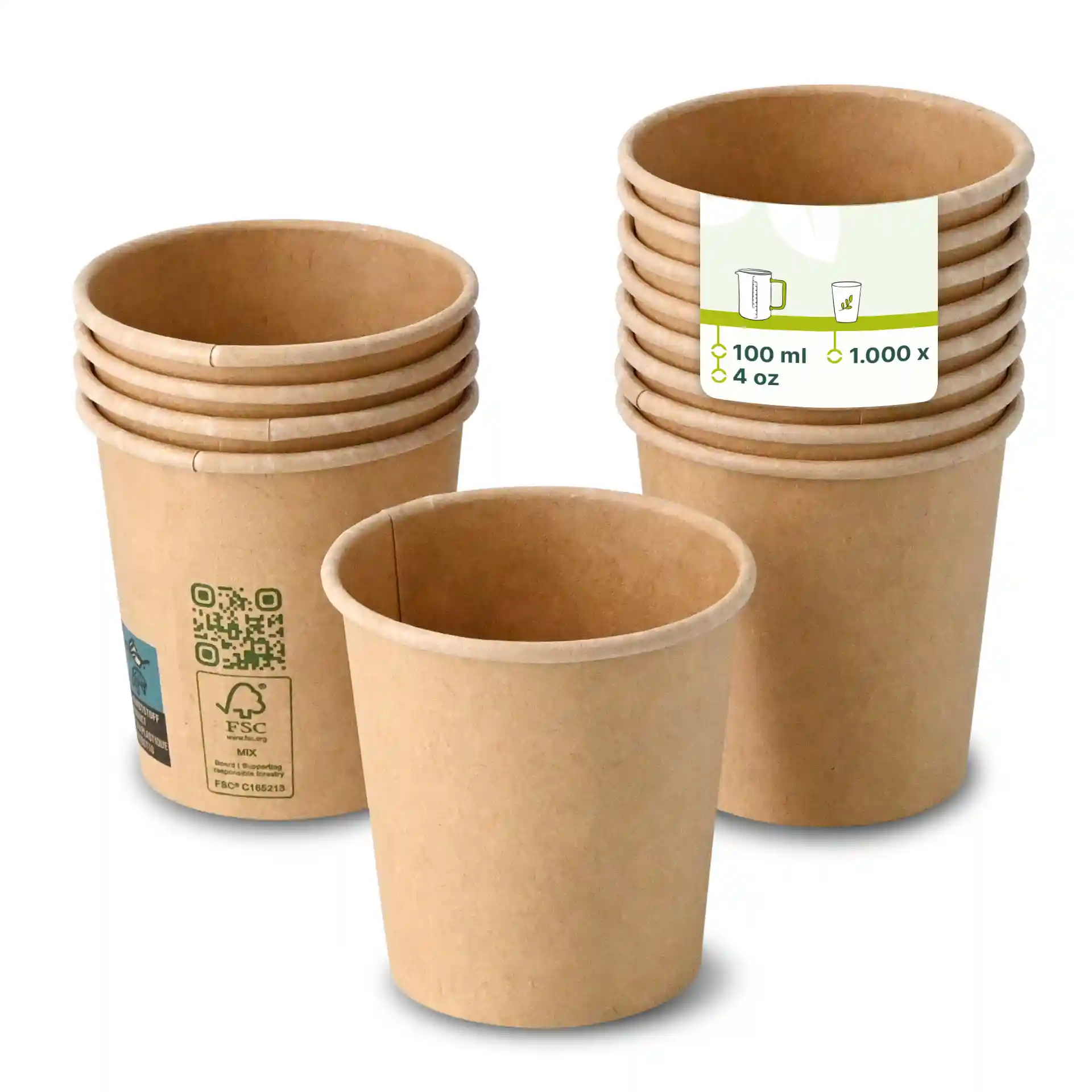 Gobelets en papier marron d'un diamètre de 62 mm, un gobelet devant et plusieurs empilés derrière.