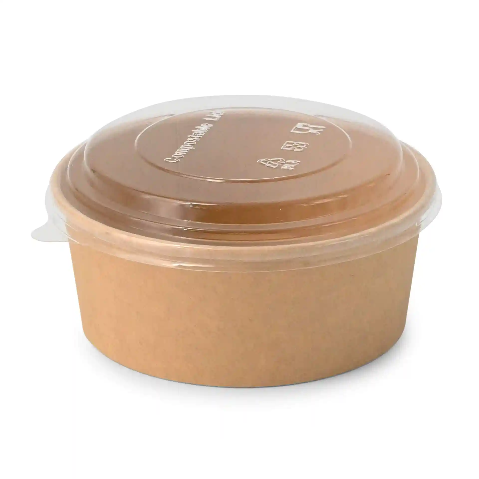 Ciotola rotonda in carta marrone con coperchio trasparente, capacità di 650 ml, realizzata in cartone con rivestimento ecologico.
