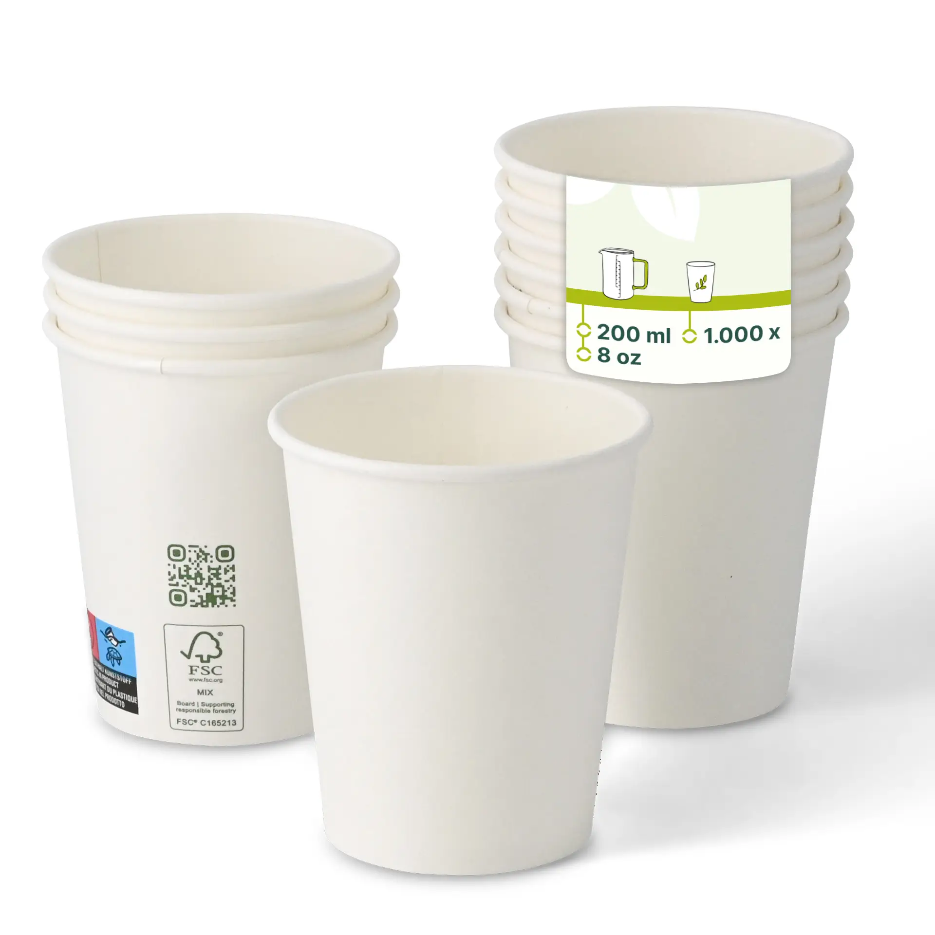 Pappbecher 200 ml / 8 oz, Ø 80 mm, einwandig, weiss, PLA-beschichtet
