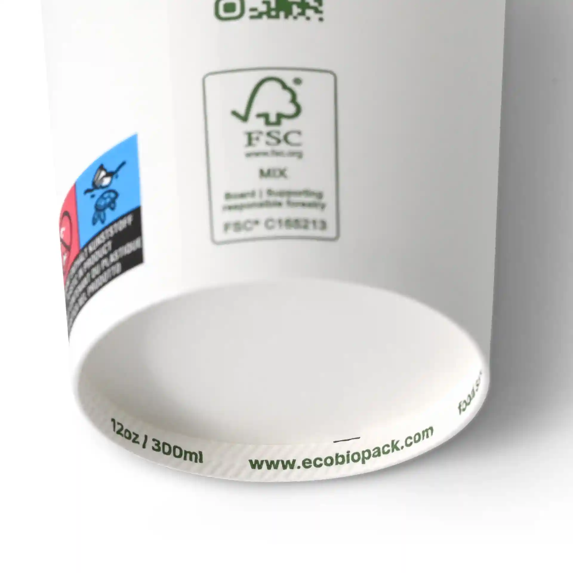 Gobelet en carton 300 ml / 12 oz, Ø 90 mm, simple paroi, blanc, revêtu de PLA